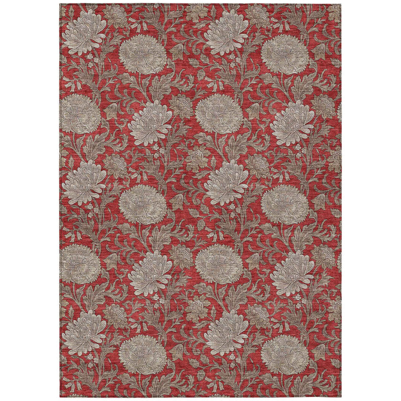 10' X 14' Red Taupe And Beige Floral Washable Indoor Outdoor Area Rug