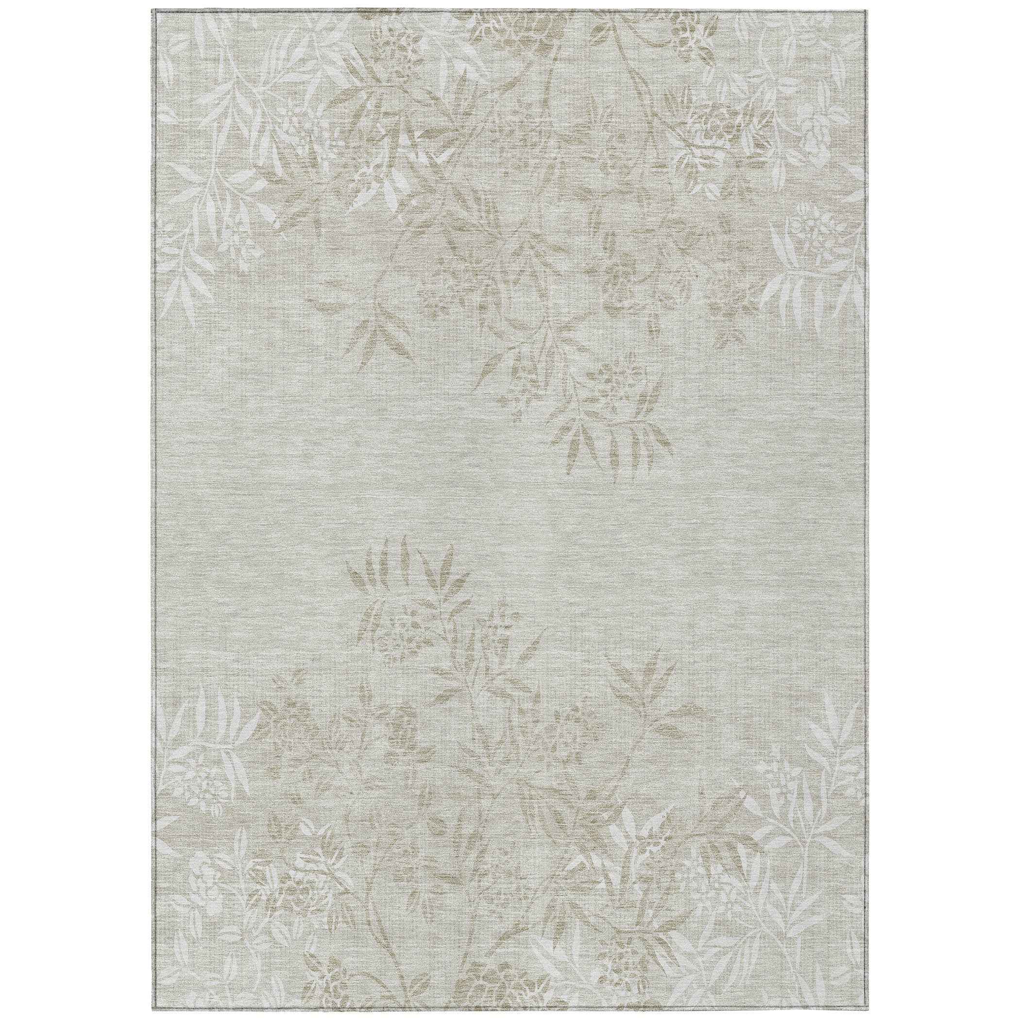 5' X 8' Beige Tan And Ivory Floral Washable Indoor Outdoor Area Rug