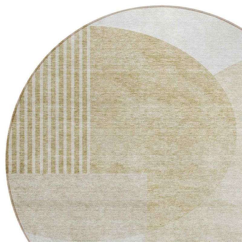 8' Brown Beige And Ivory Round Geometric Washable Indoor Outdoor Area Rug