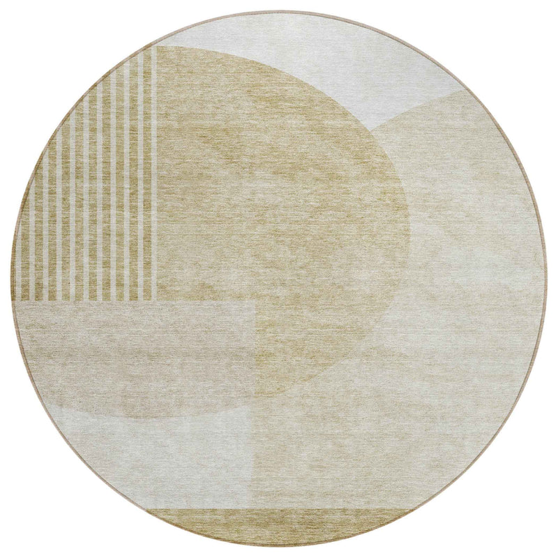 8' Brown Beige And Ivory Round Geometric Washable Indoor Outdoor Area Rug