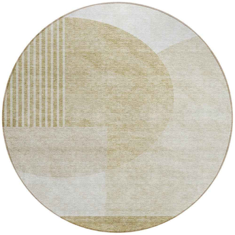 8' Brown Beige And Ivory Round Geometric Washable Indoor Outdoor Area Rug