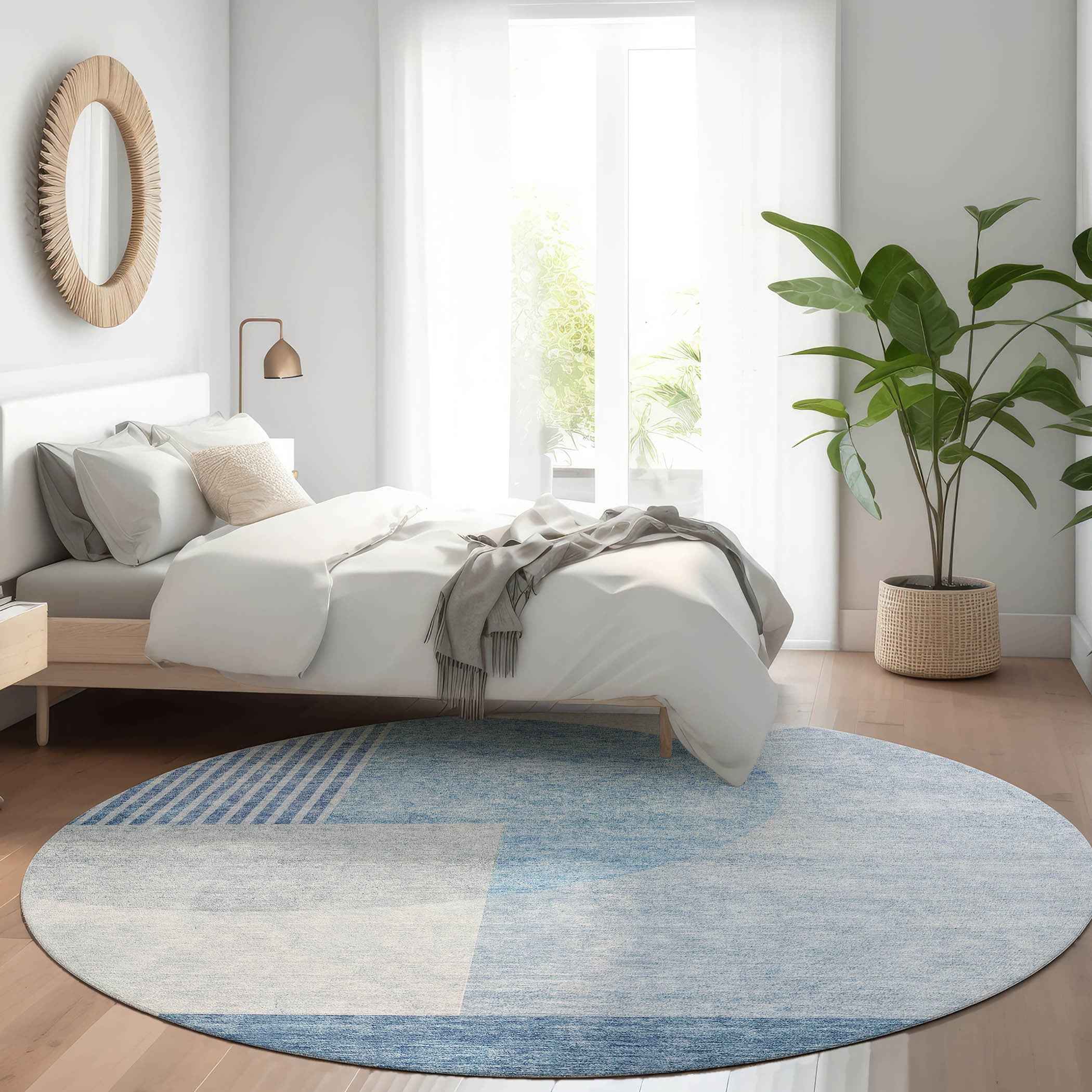 8' Navy Blue And Sky Blue Round Geometric Washable Indoor Outdoor Area Rug