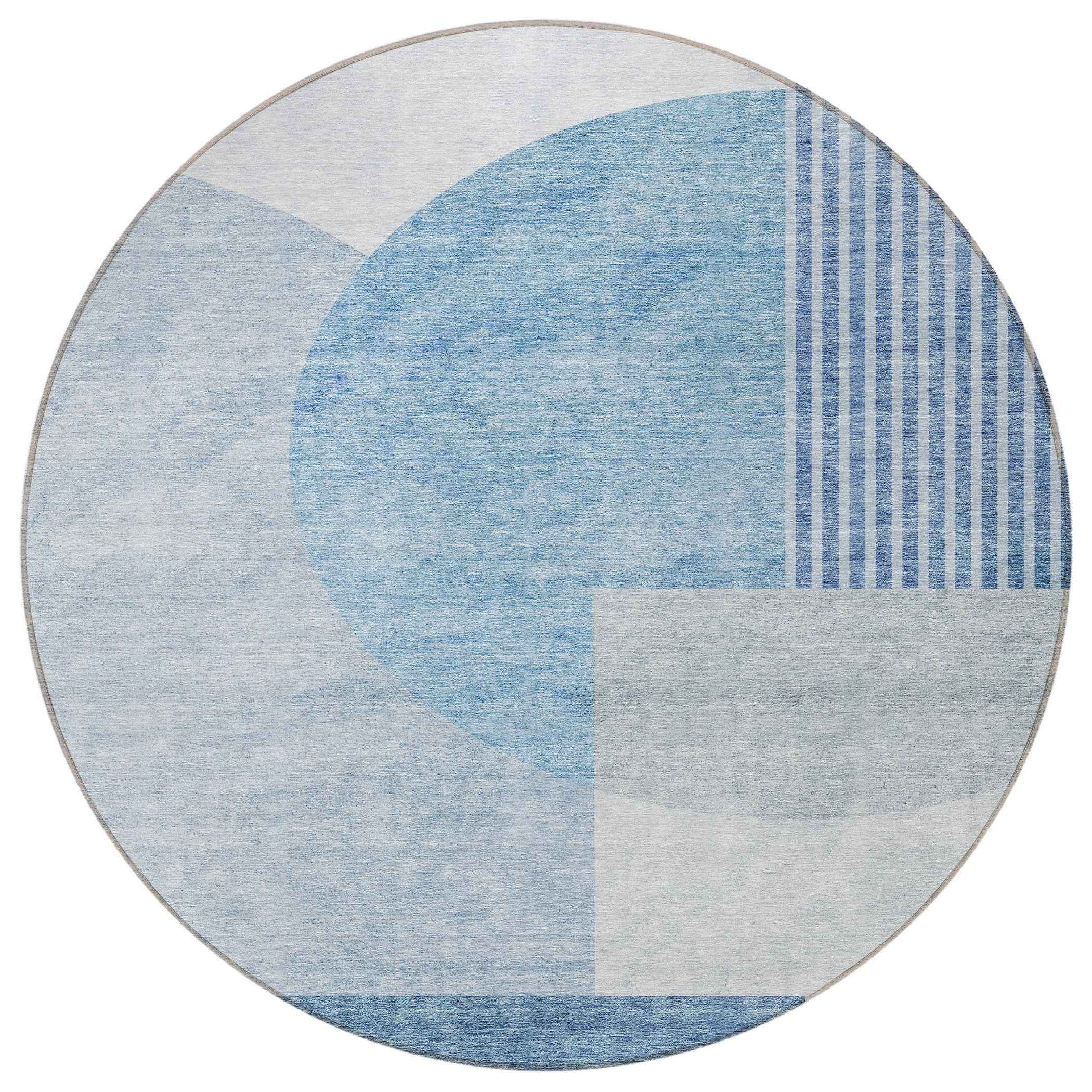 8' Navy Blue And Sky Blue Round Geometric Washable Indoor Outdoor Area Rug