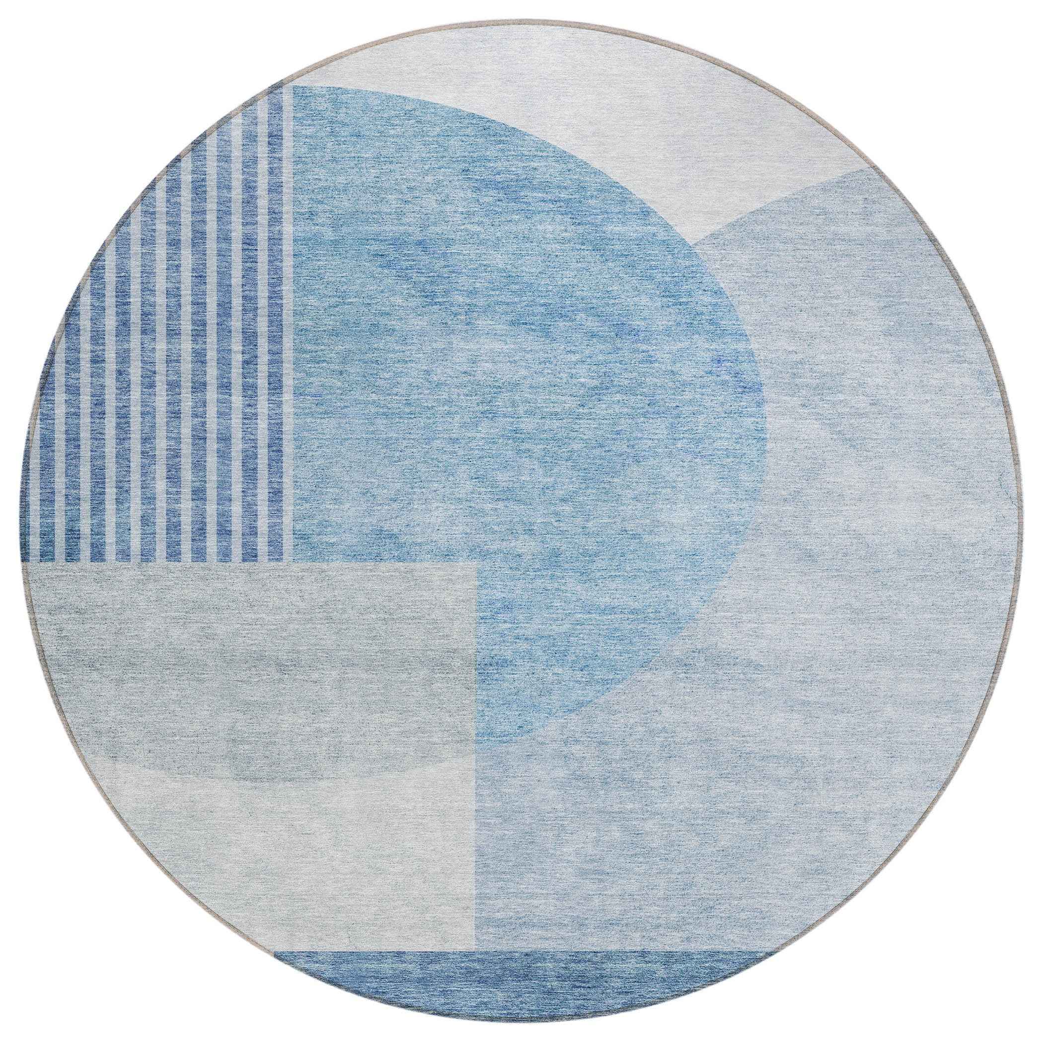 8' Navy Blue And Sky Blue Round Geometric Washable Indoor Outdoor Area Rug