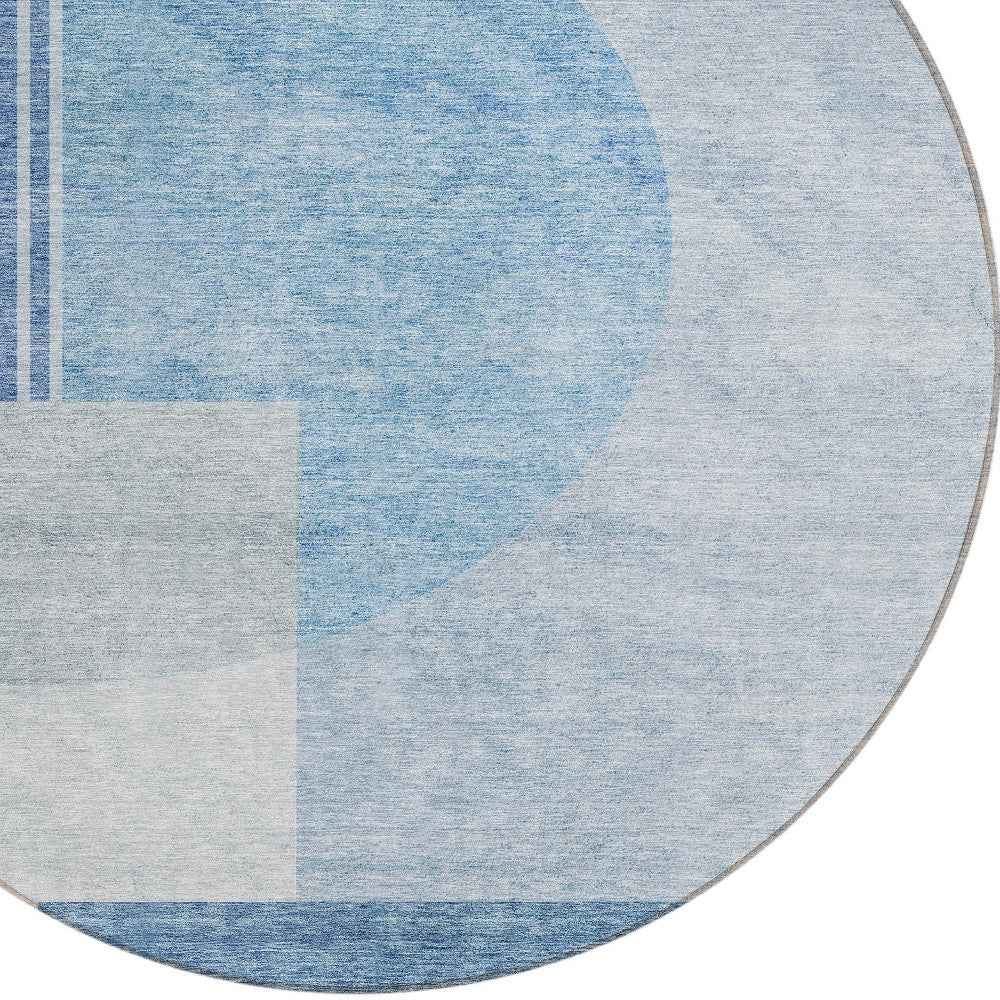 8' Navy Blue And Sky Blue Round Geometric Washable Indoor Outdoor Area Rug
