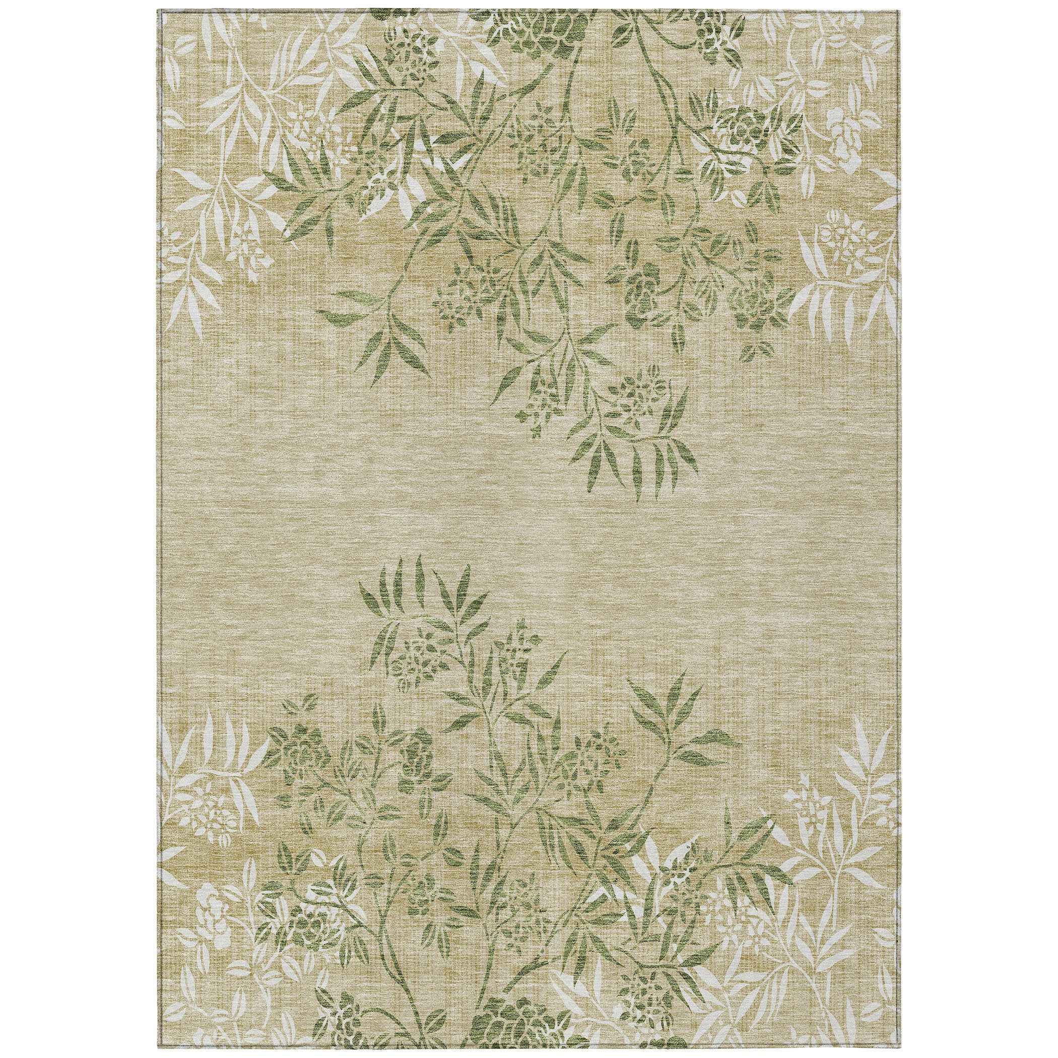 5' X 8' Khaki Ivory And Green Floral Washable Indoor Outdoor Area Rug