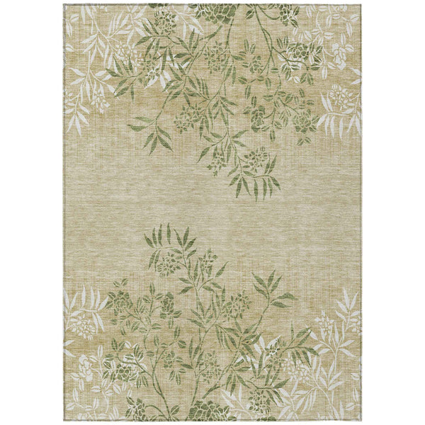 5' X 8' Khaki Ivory And Green Floral Washable Indoor Outdoor Area Rug