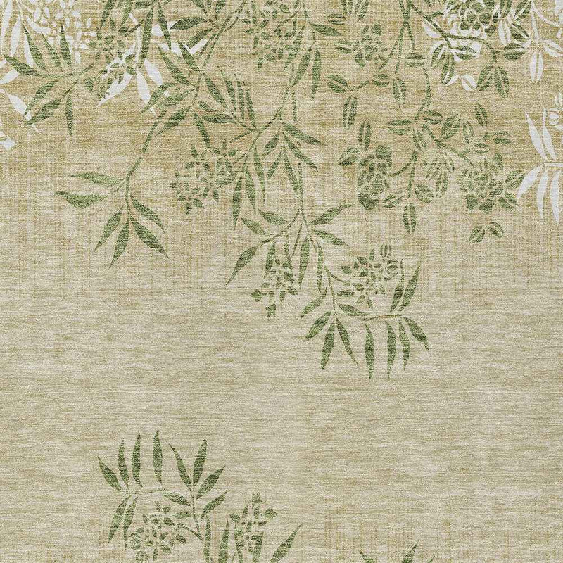 5' X 8' Khaki Ivory And Green Floral Washable Indoor Outdoor Area Rug