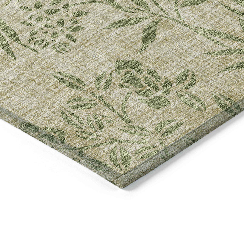 5' X 8' Khaki Ivory And Green Floral Washable Indoor Outdoor Area Rug
