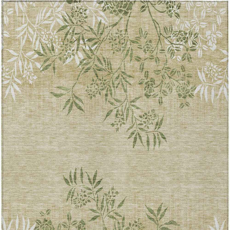 5' X 8' Khaki Ivory And Green Floral Washable Indoor Outdoor Area Rug