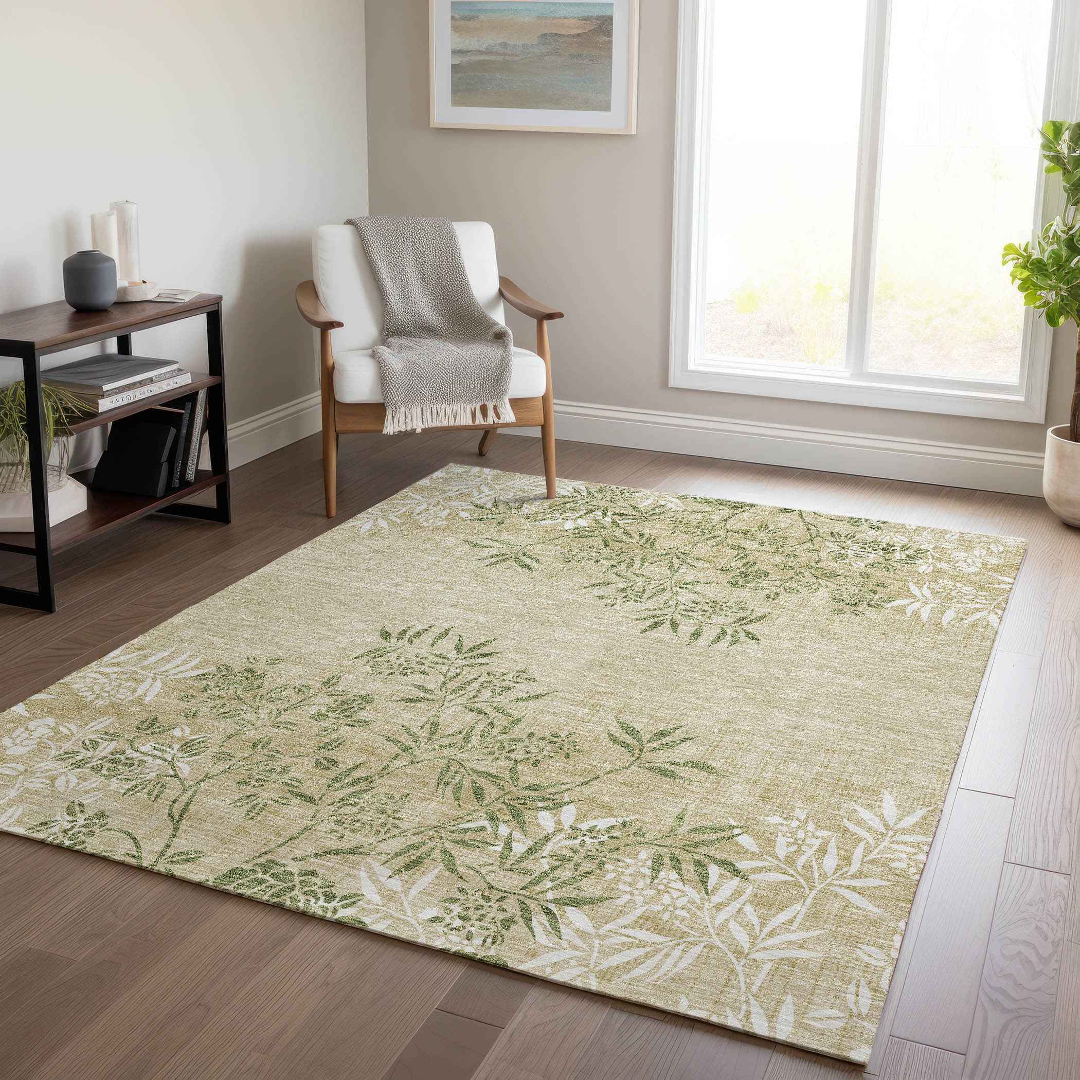 5' X 8' Khaki Ivory And Green Floral Washable Indoor Outdoor Area Rug