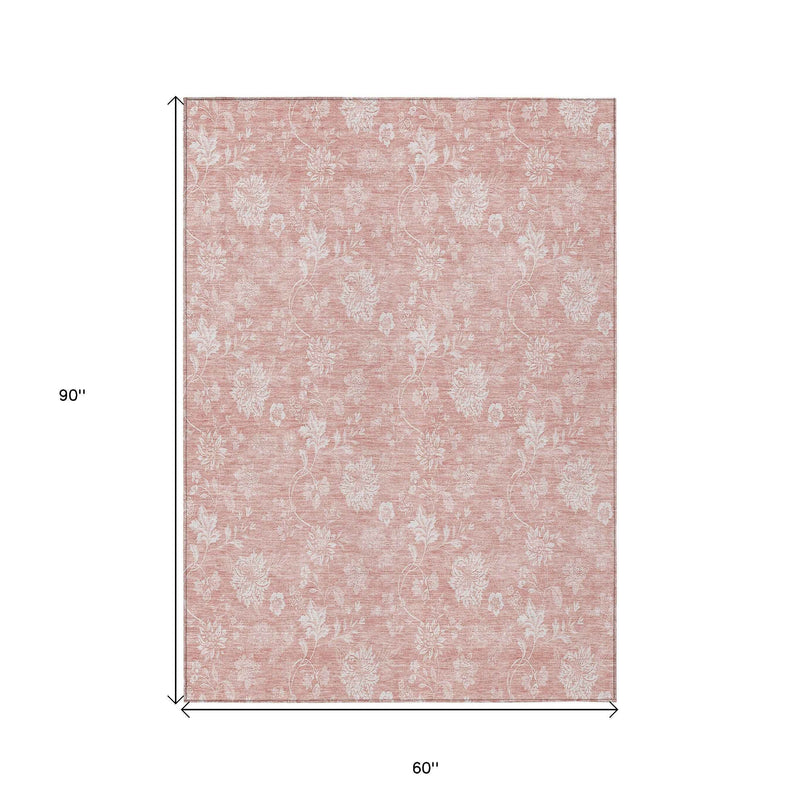 5' X 8' Pink Ivory And Blush Floral Washable Indoor Outdoor Area Rug