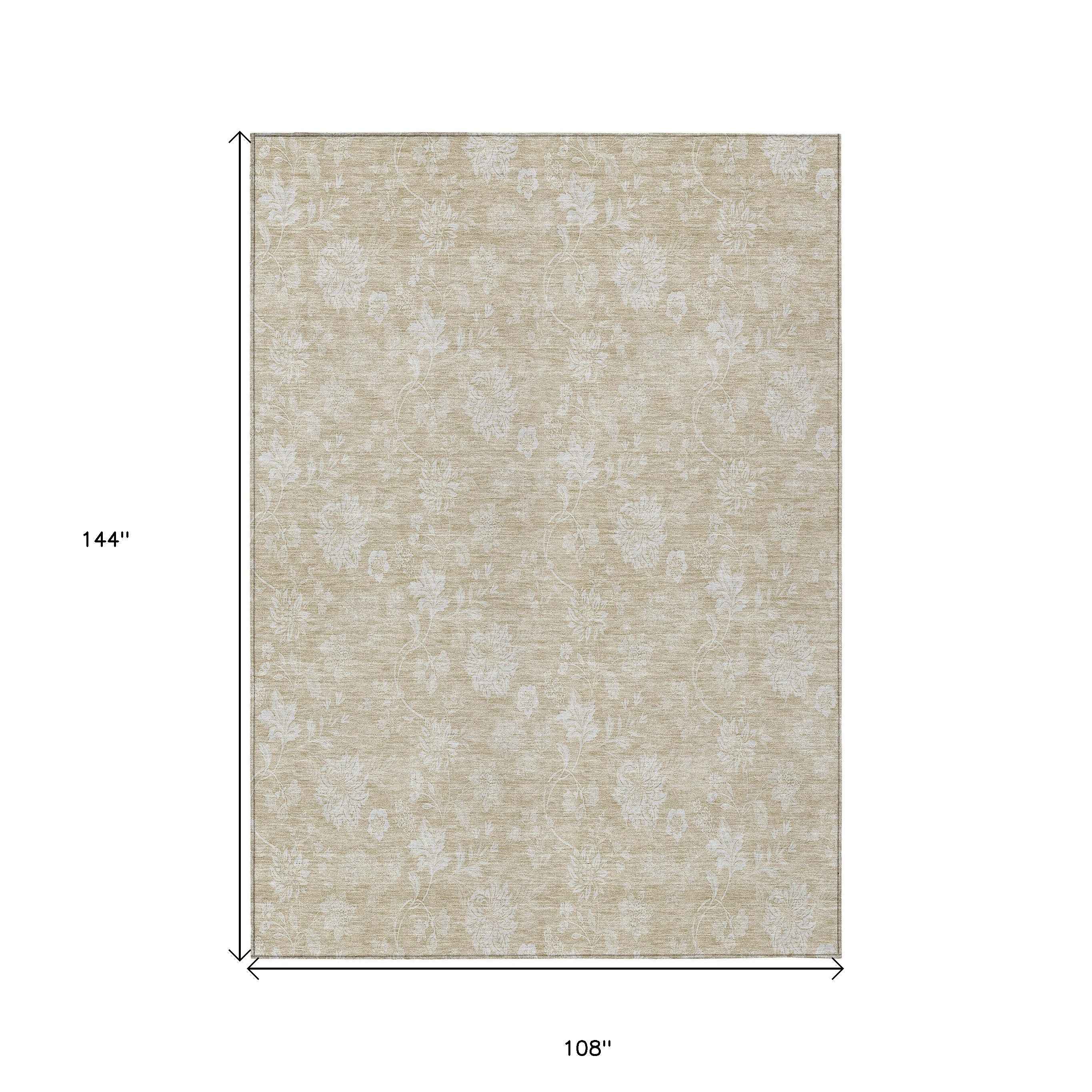 9' X 12' Beige Tan And Ivory Floral Washable Indoor Outdoor Area Rug