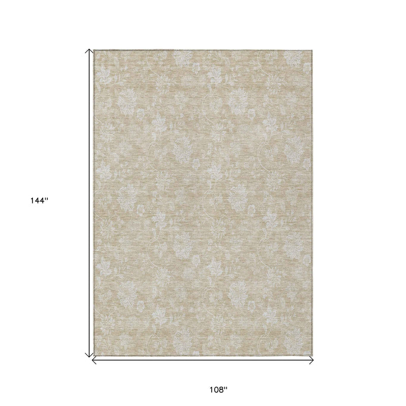 9' X 12' Beige Tan And Ivory Floral Washable Indoor Outdoor Area Rug