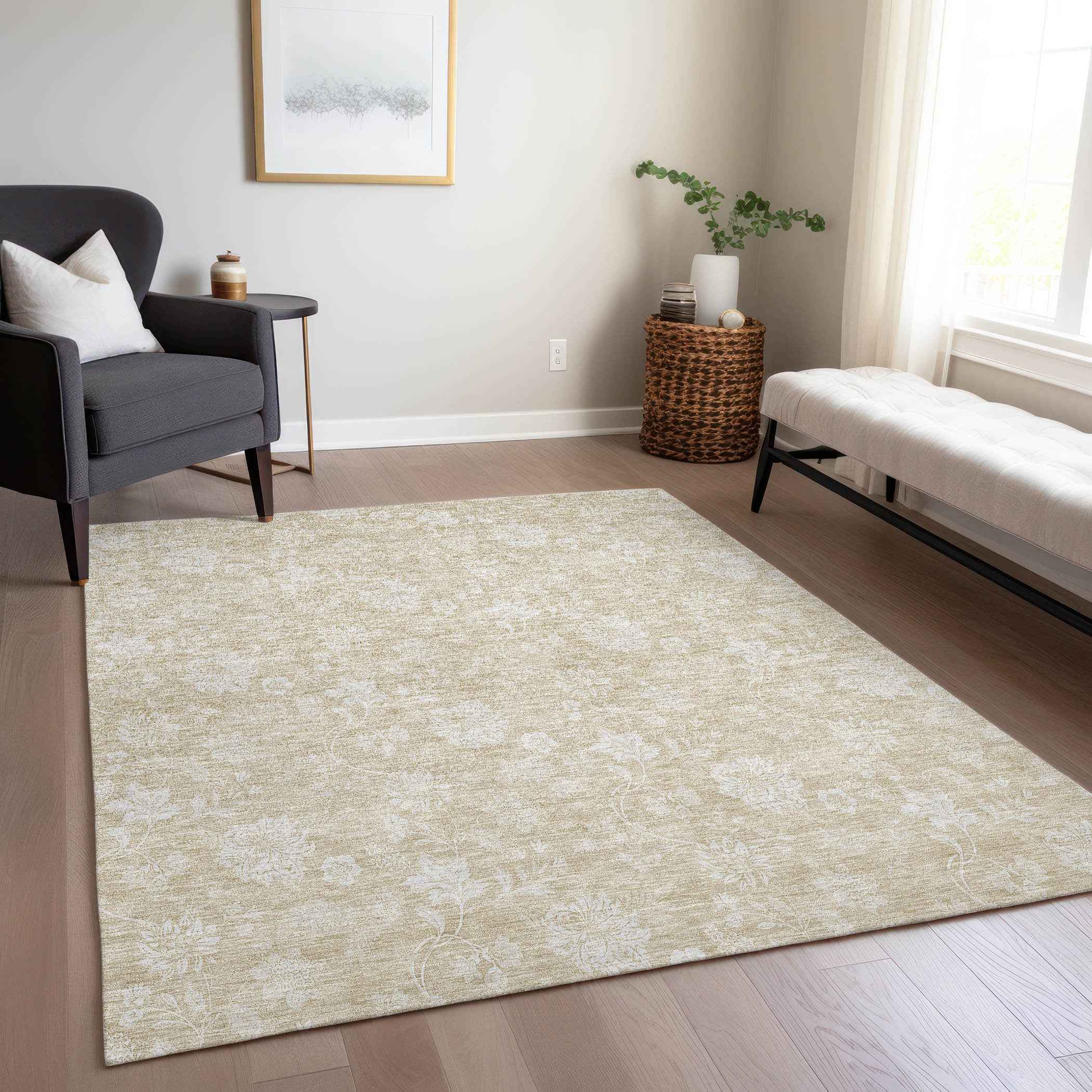 9' X 12' Beige Tan And Ivory Floral Washable Indoor Outdoor Area Rug