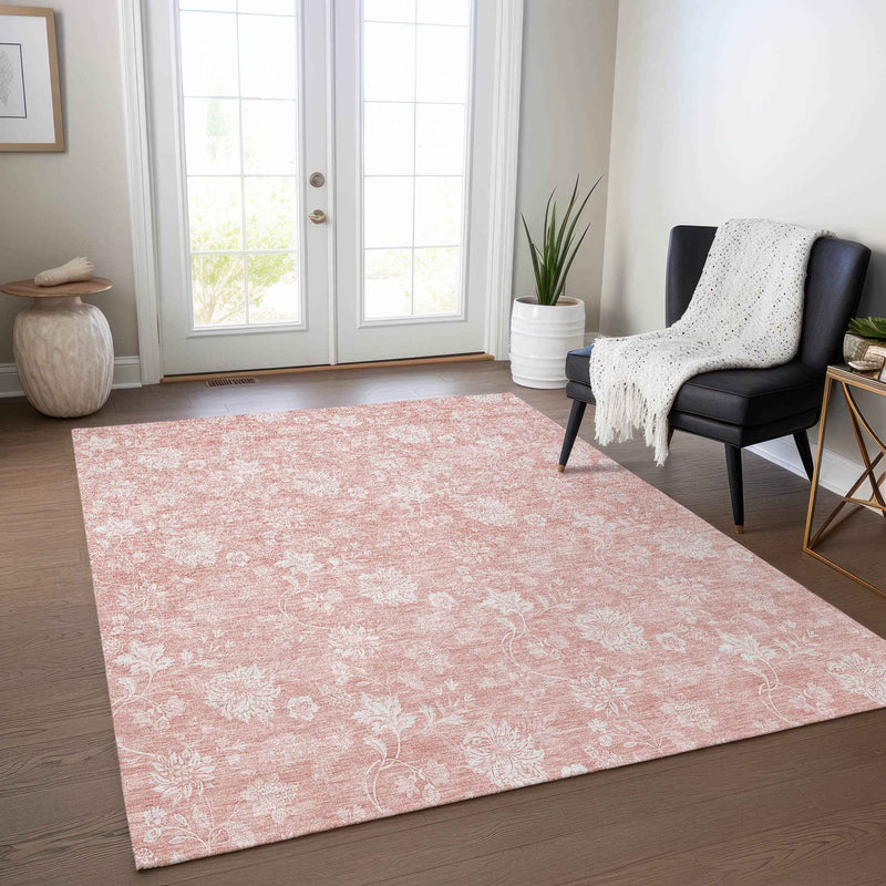 10' X 14' Pink Ivory And Blush Floral Washable Indoor Outdoor Area Rug