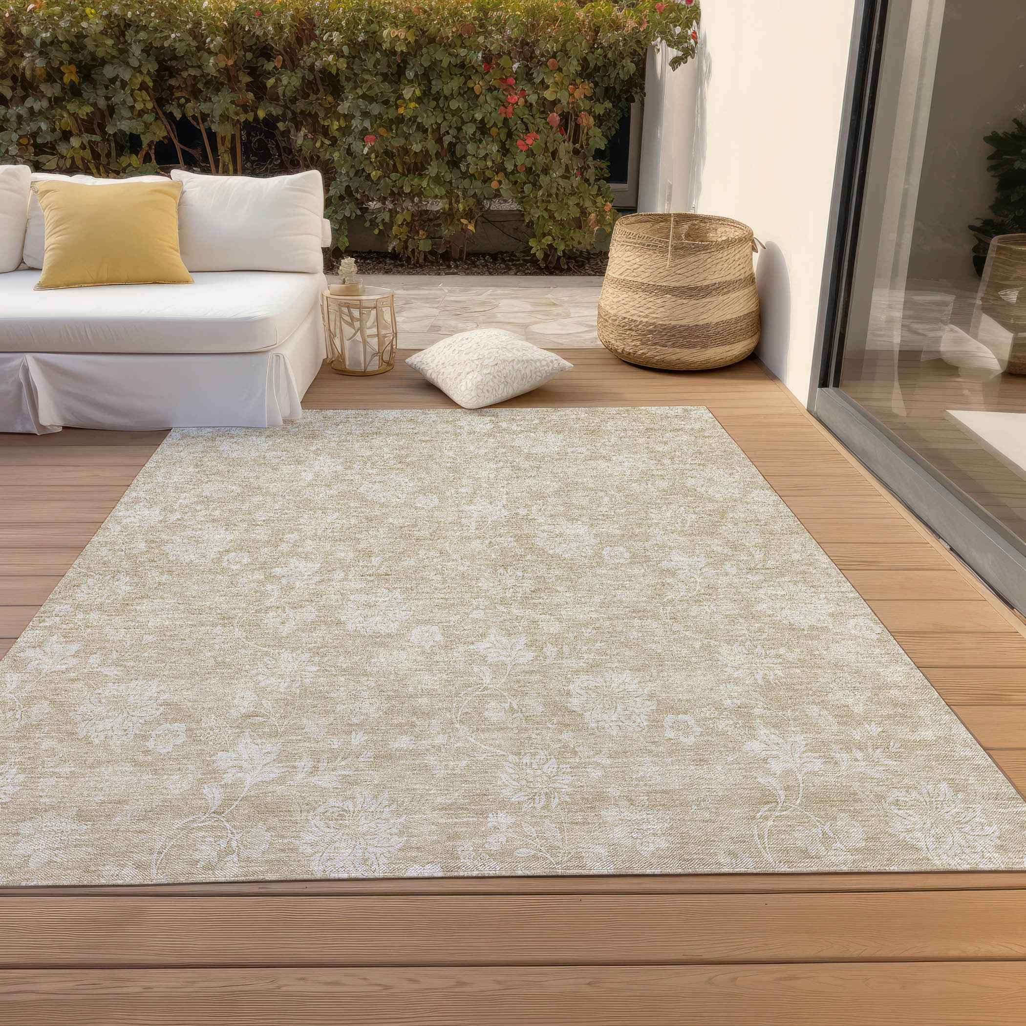 9' X 12' Beige Tan And Ivory Floral Washable Indoor Outdoor Area Rug