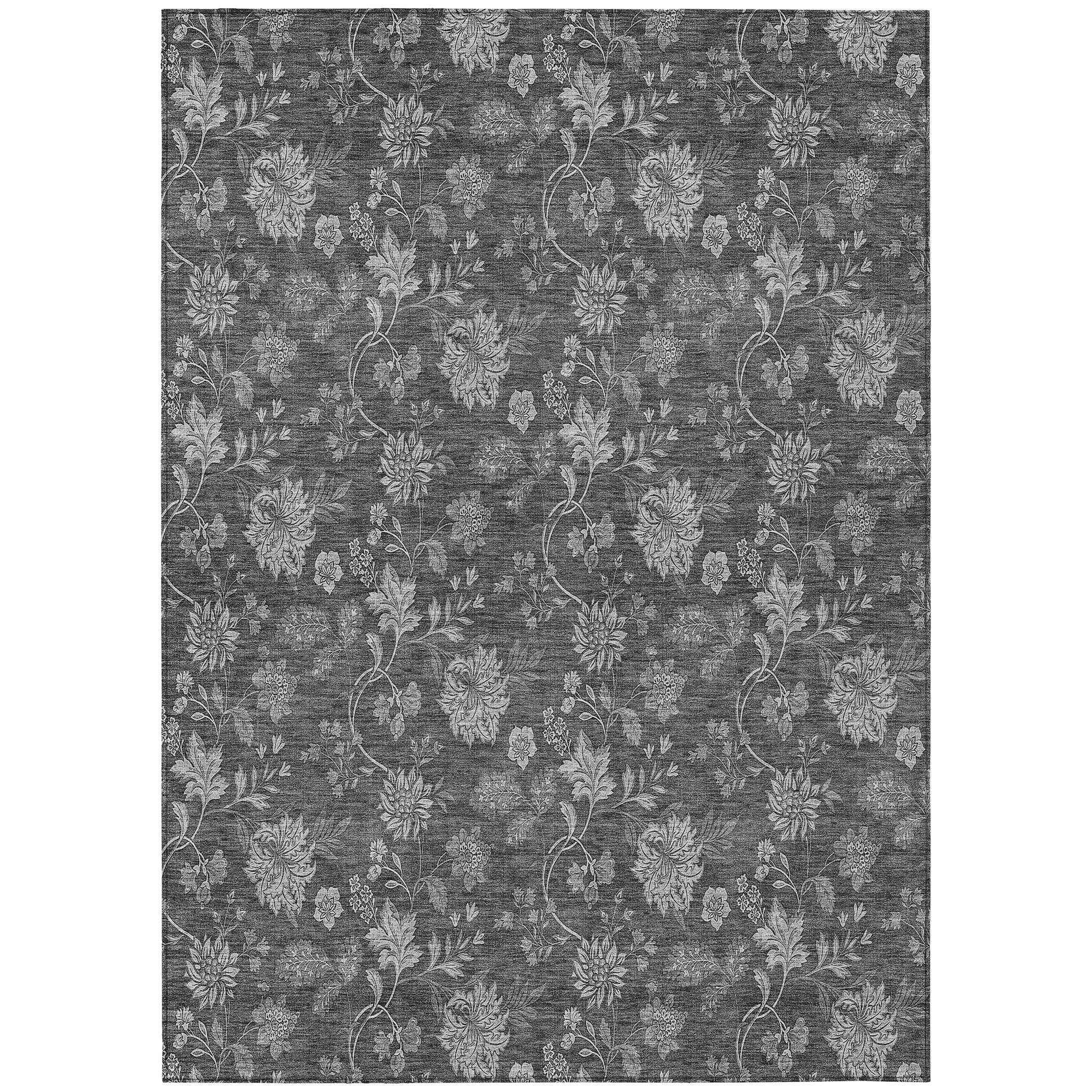 9' X 12' Gray Charcoal And Silver Floral Washable Indoor Outdoor Area Rug