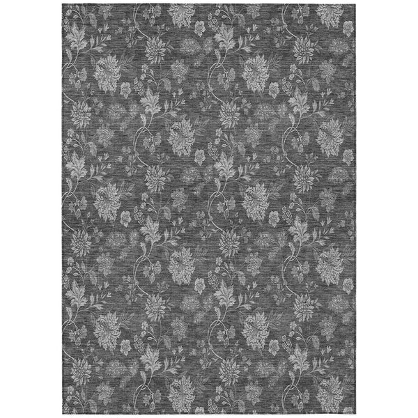 9' X 12' Gray Charcoal And Silver Floral Washable Indoor Outdoor Area Rug