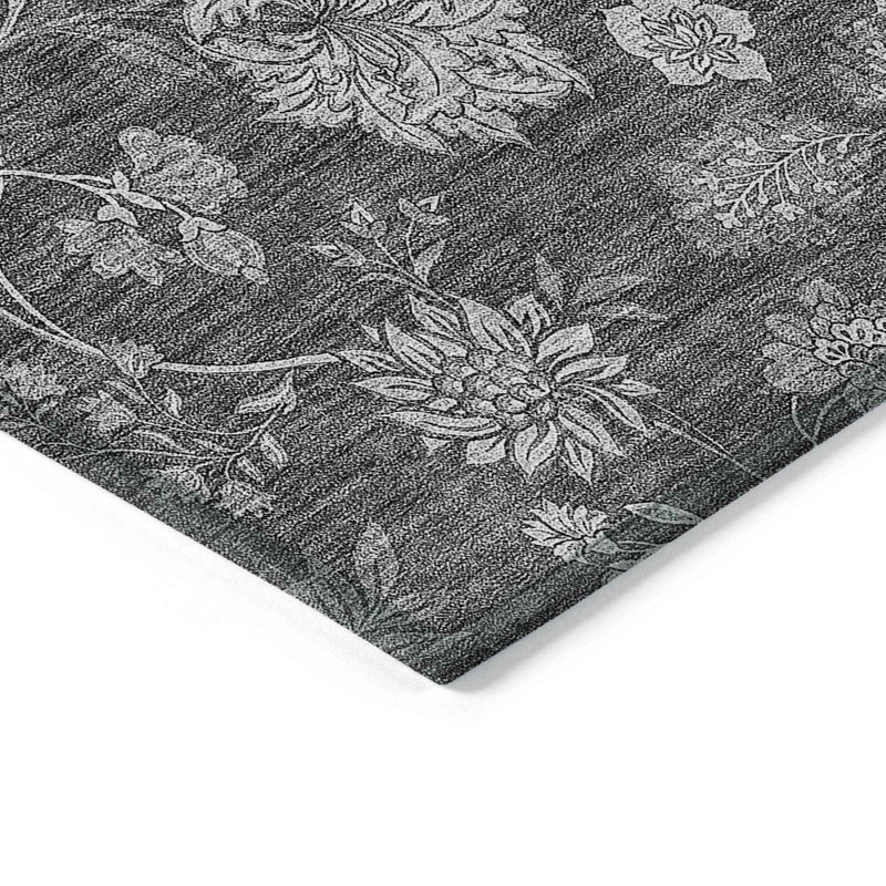 9' X 12' Gray Charcoal And Silver Floral Washable Indoor Outdoor Area Rug