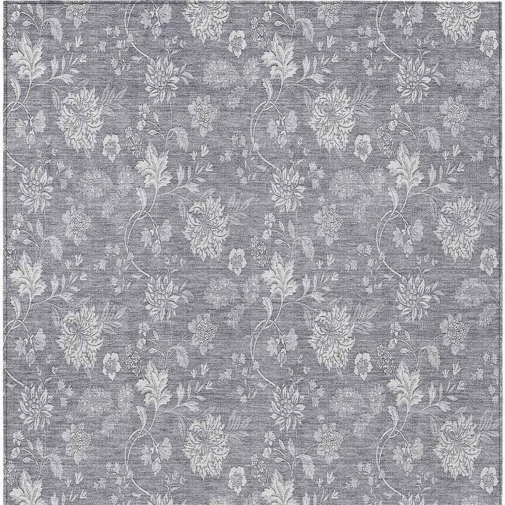 8' X 10' Gray Silver And Ivory Floral Washable Indoor Outdoor Area Rug