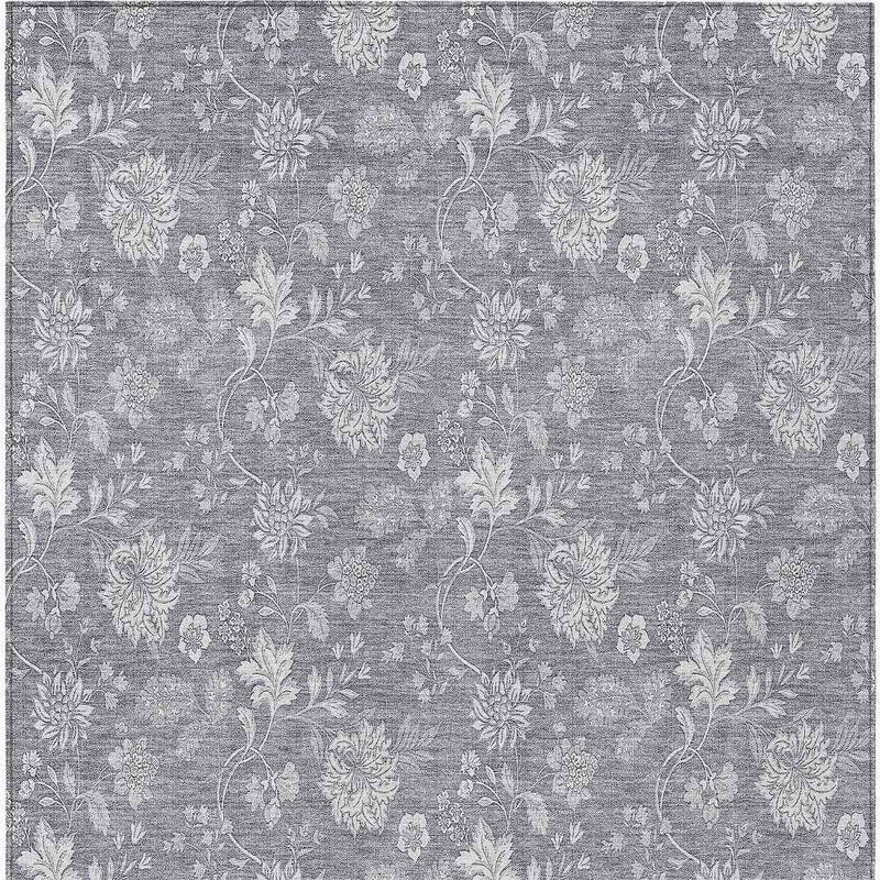 8' X 10' Gray Silver And Ivory Floral Washable Indoor Outdoor Area Rug