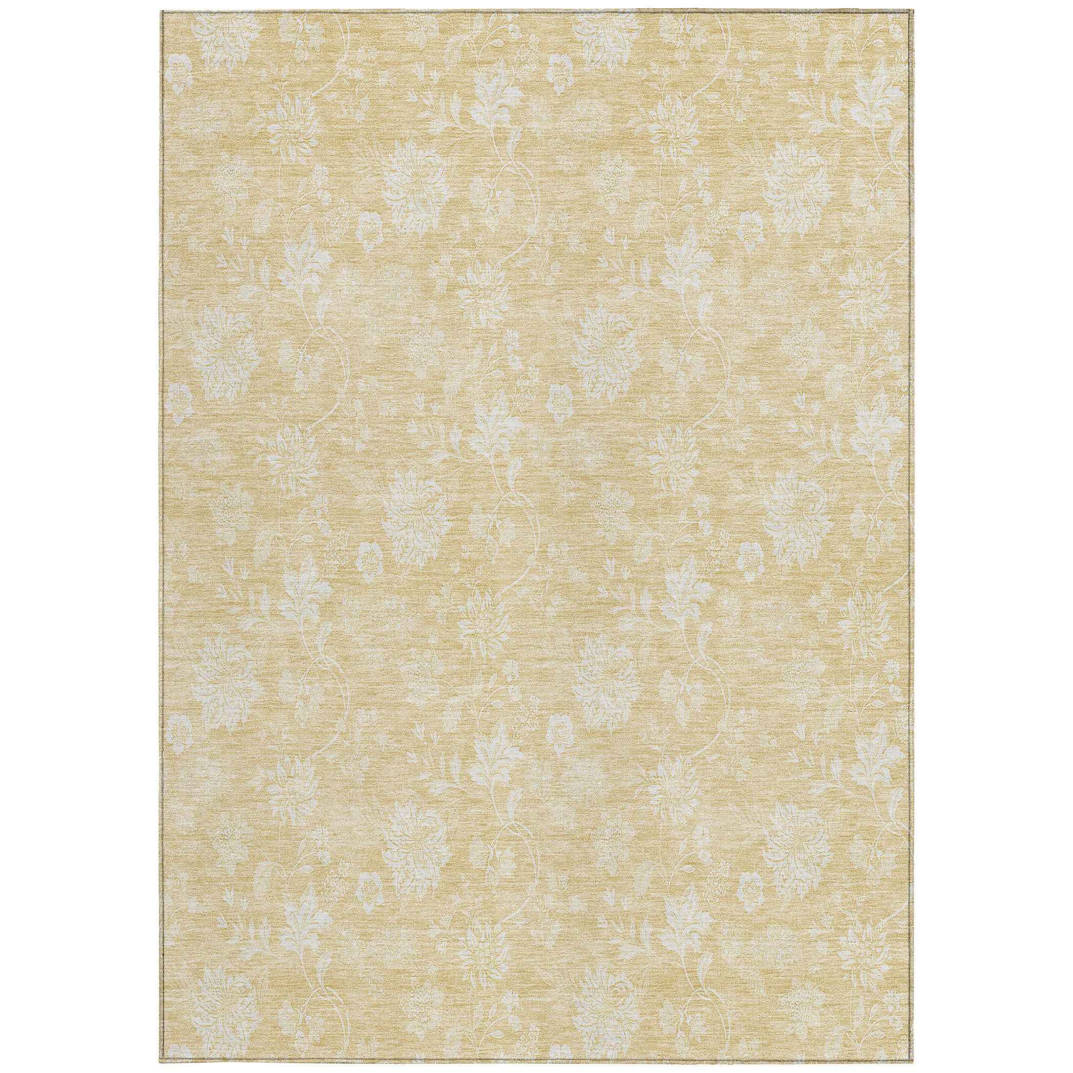 9' X 12' Yellow Wheat And Ivory Floral Washable Indoor Outdoor Area Rug
