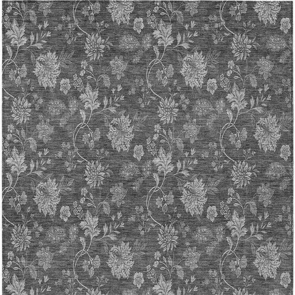 9' X 12' Gray Charcoal And Silver Floral Washable Indoor Outdoor Area Rug