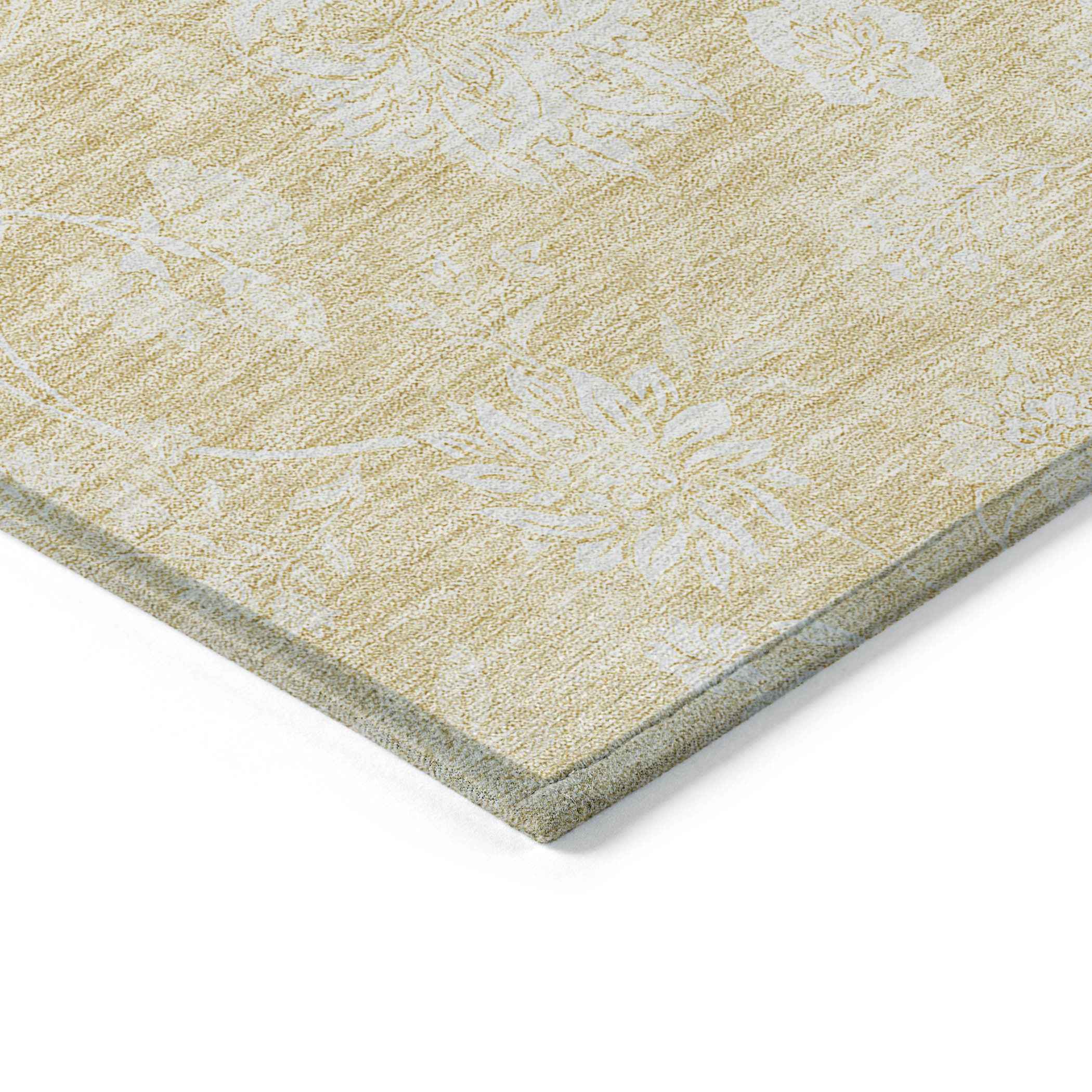 9' X 12' Yellow Wheat And Ivory Floral Washable Indoor Outdoor Area Rug
