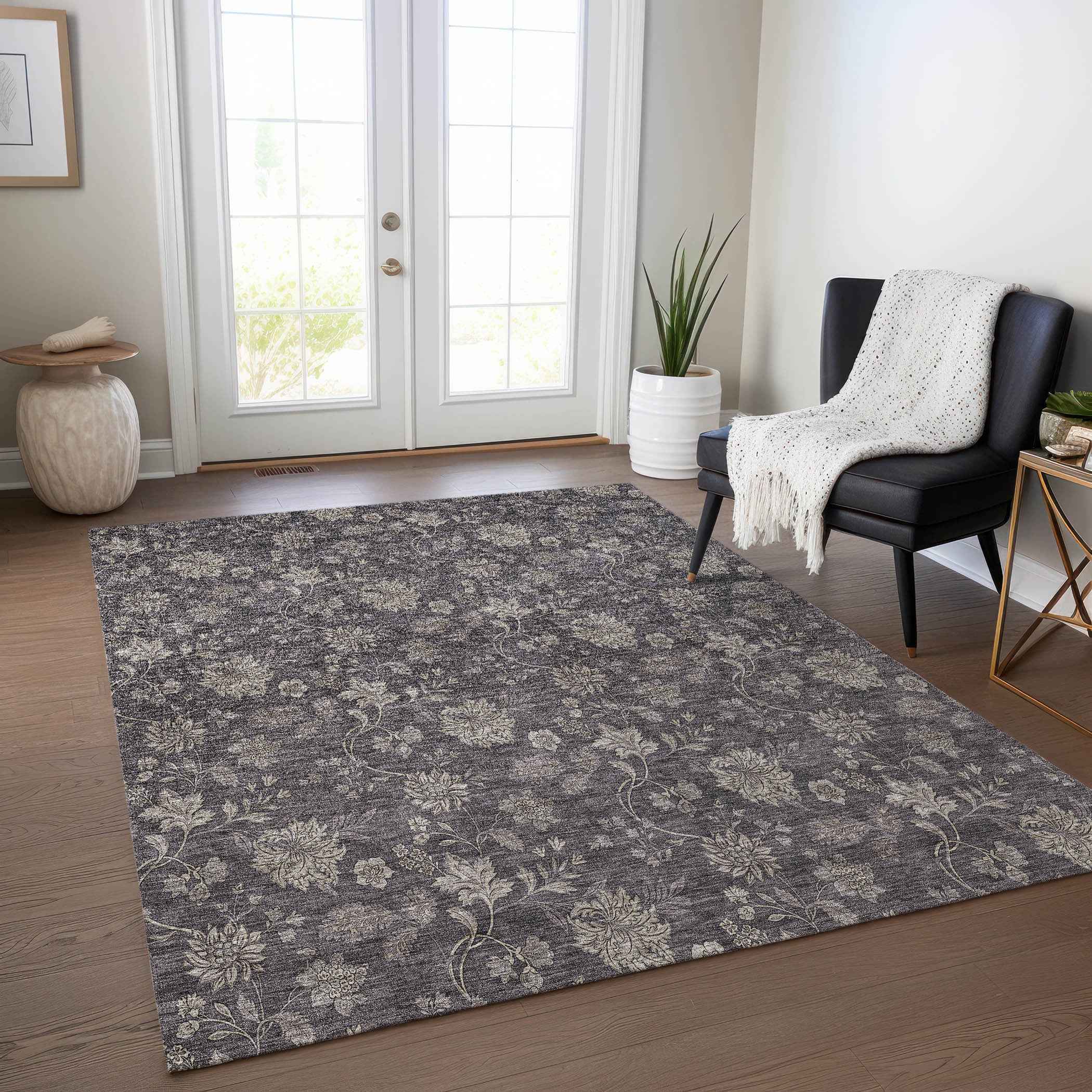 8' X 10' Taupe And Beige Floral Washable Indoor Outdoor Area Rug