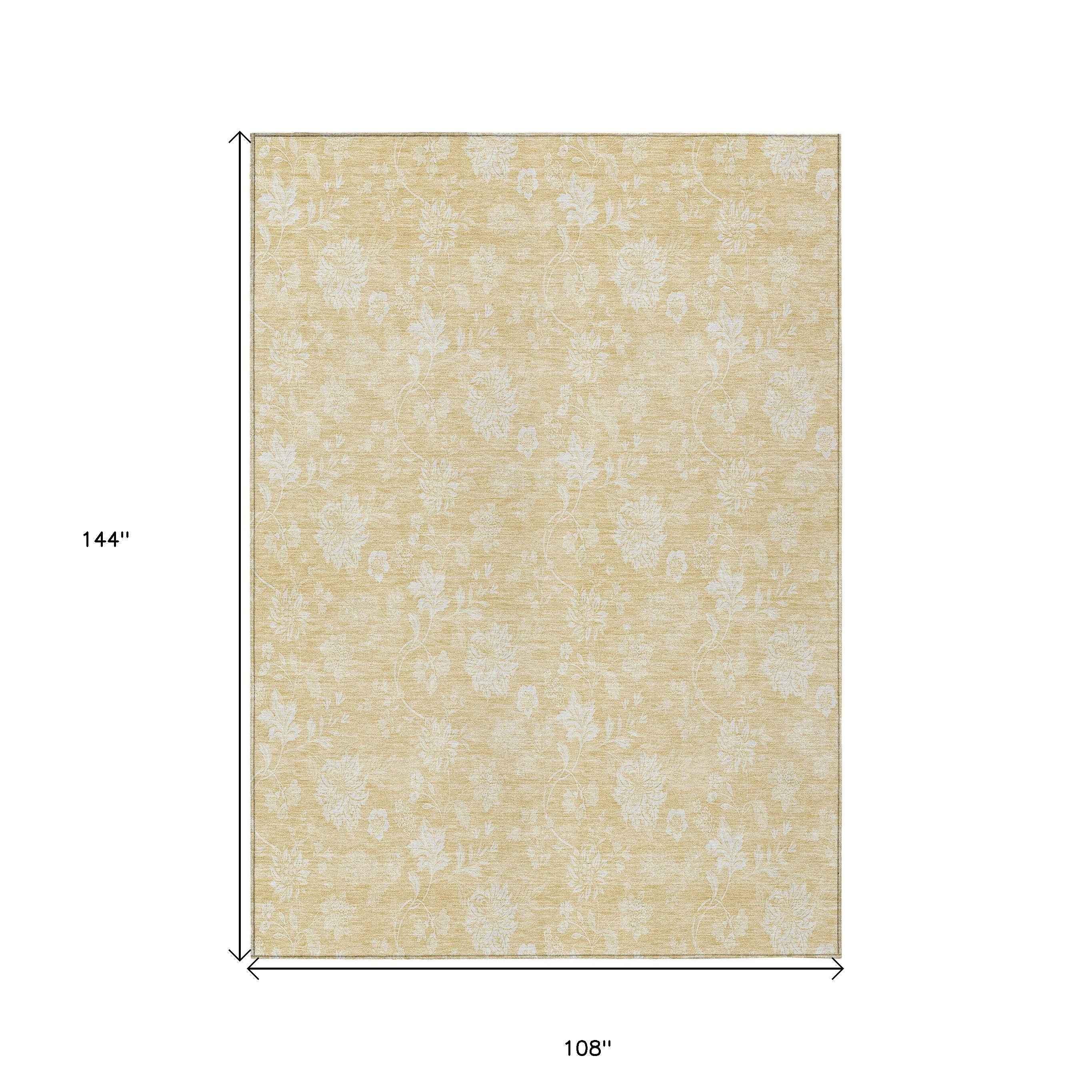 9' X 12' Yellow Wheat And Ivory Floral Washable Indoor Outdoor Area Rug