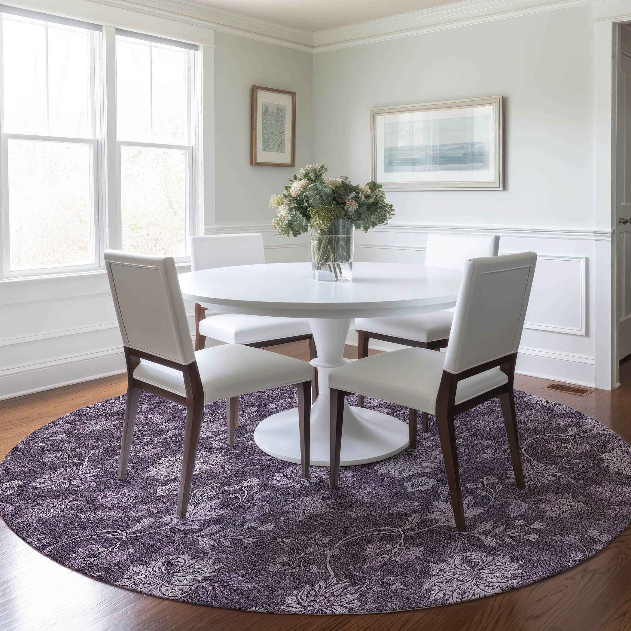 8' Plum Purple And Lavender Round Floral Washable Indoor Outdoor Area Rug