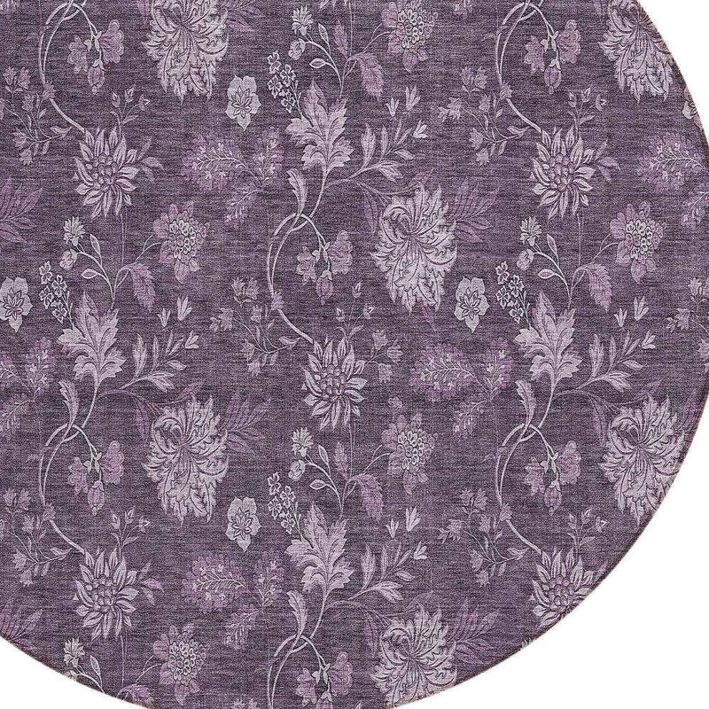 8' Plum Purple And Lavender Round Floral Washable Indoor Outdoor Area Rug
