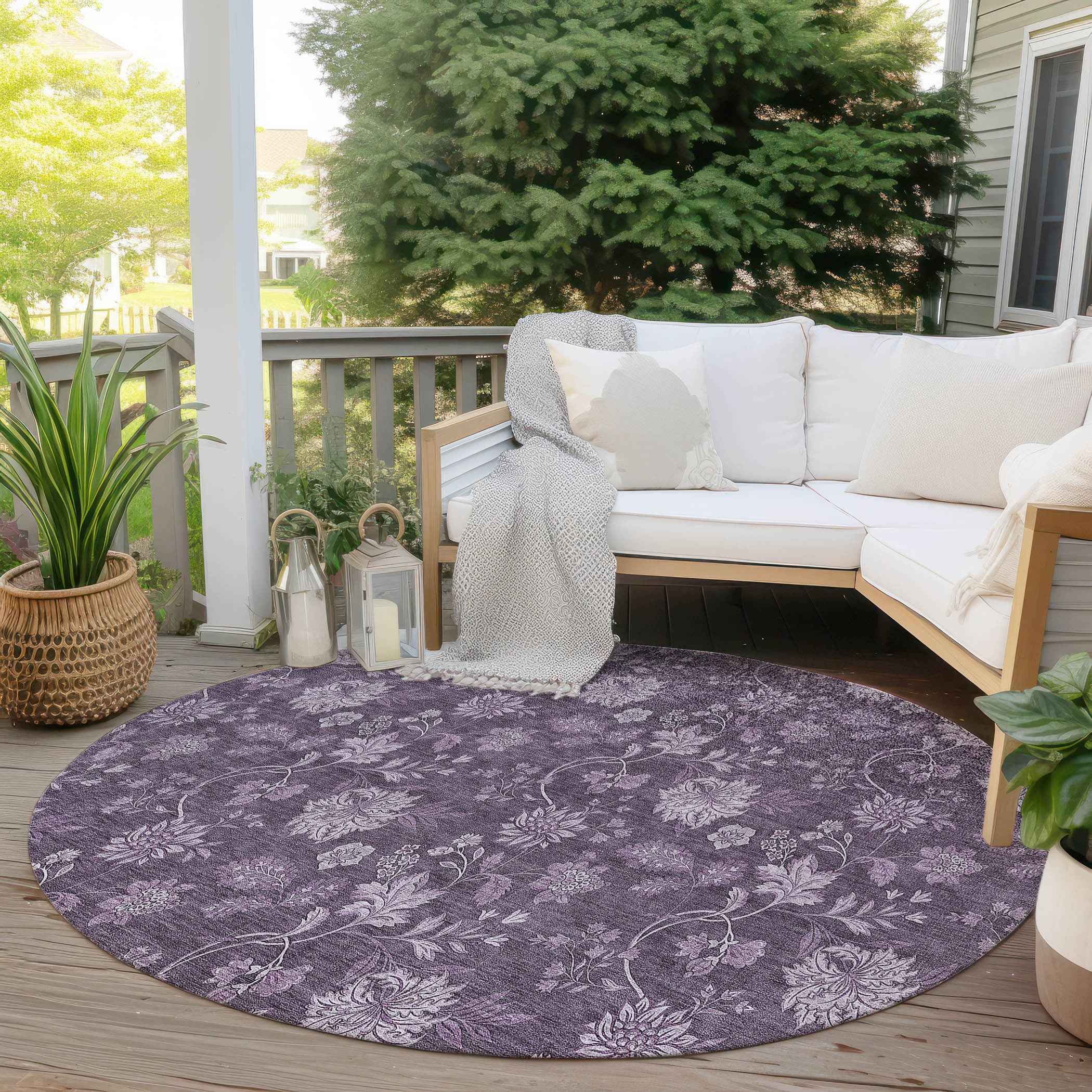 8' Plum Purple And Lavender Round Floral Washable Indoor Outdoor Area Rug