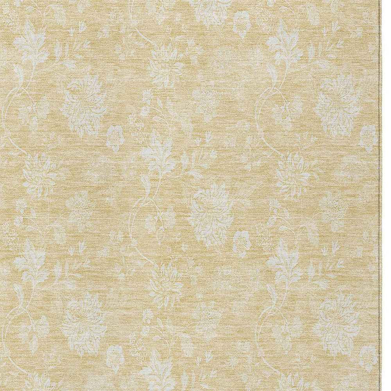 9' X 12' Yellow Wheat And Ivory Floral Washable Indoor Outdoor Area Rug