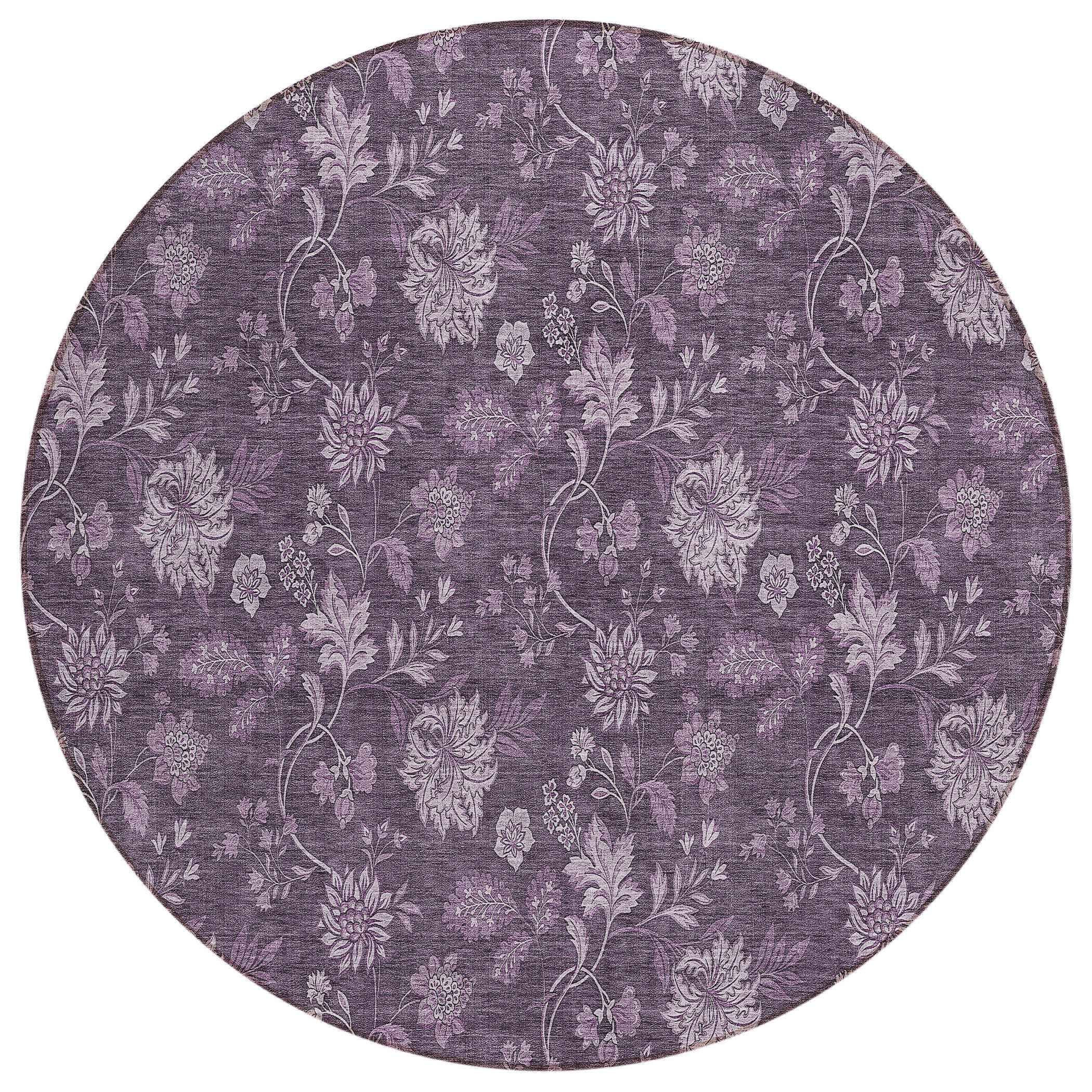 8' Plum Purple And Lavender Round Floral Washable Indoor Outdoor Area Rug