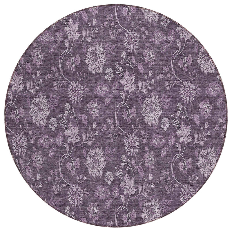 8' Plum Purple And Lavender Round Floral Washable Indoor Outdoor Area Rug