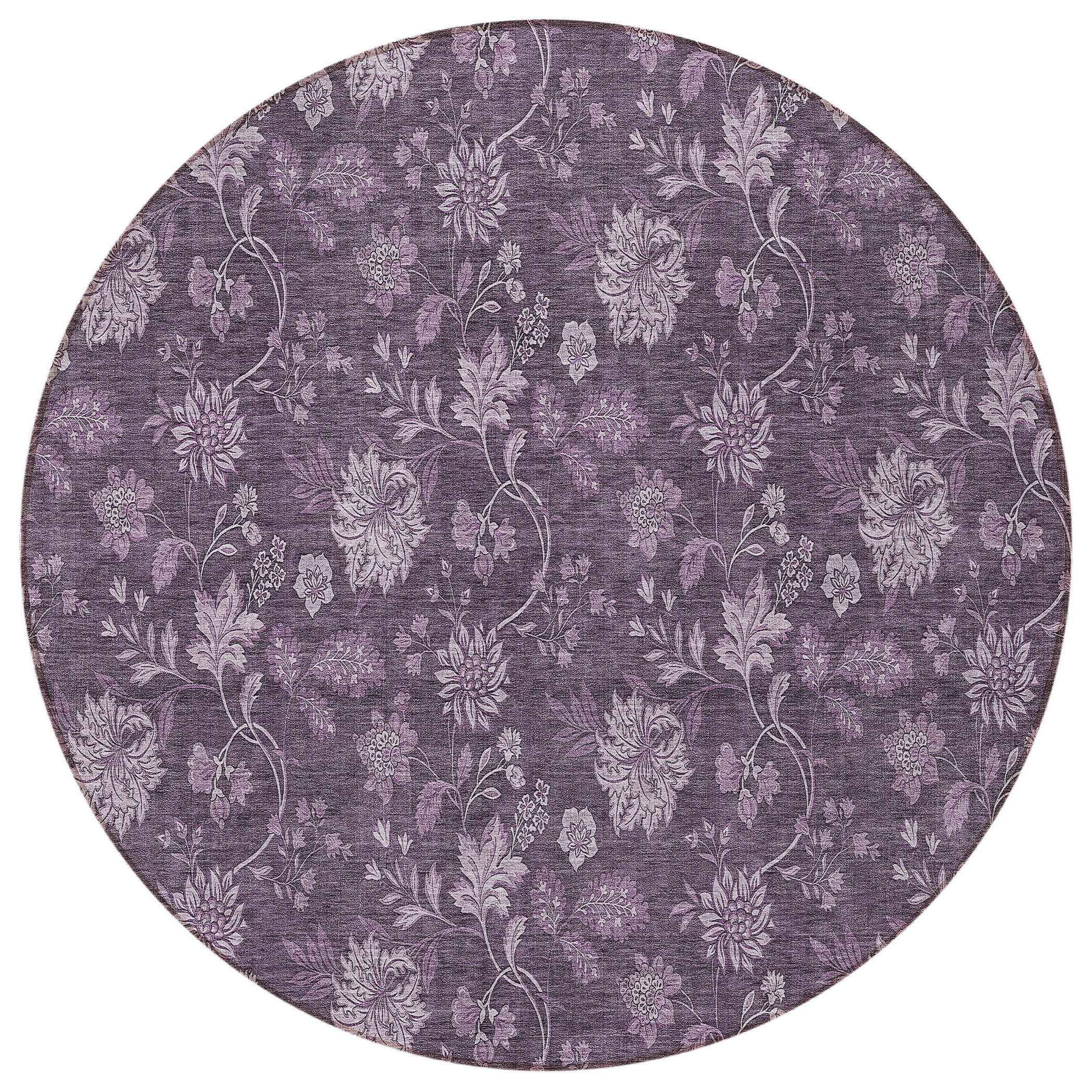8' Plum Purple And Lavender Round Floral Washable Indoor Outdoor Area Rug