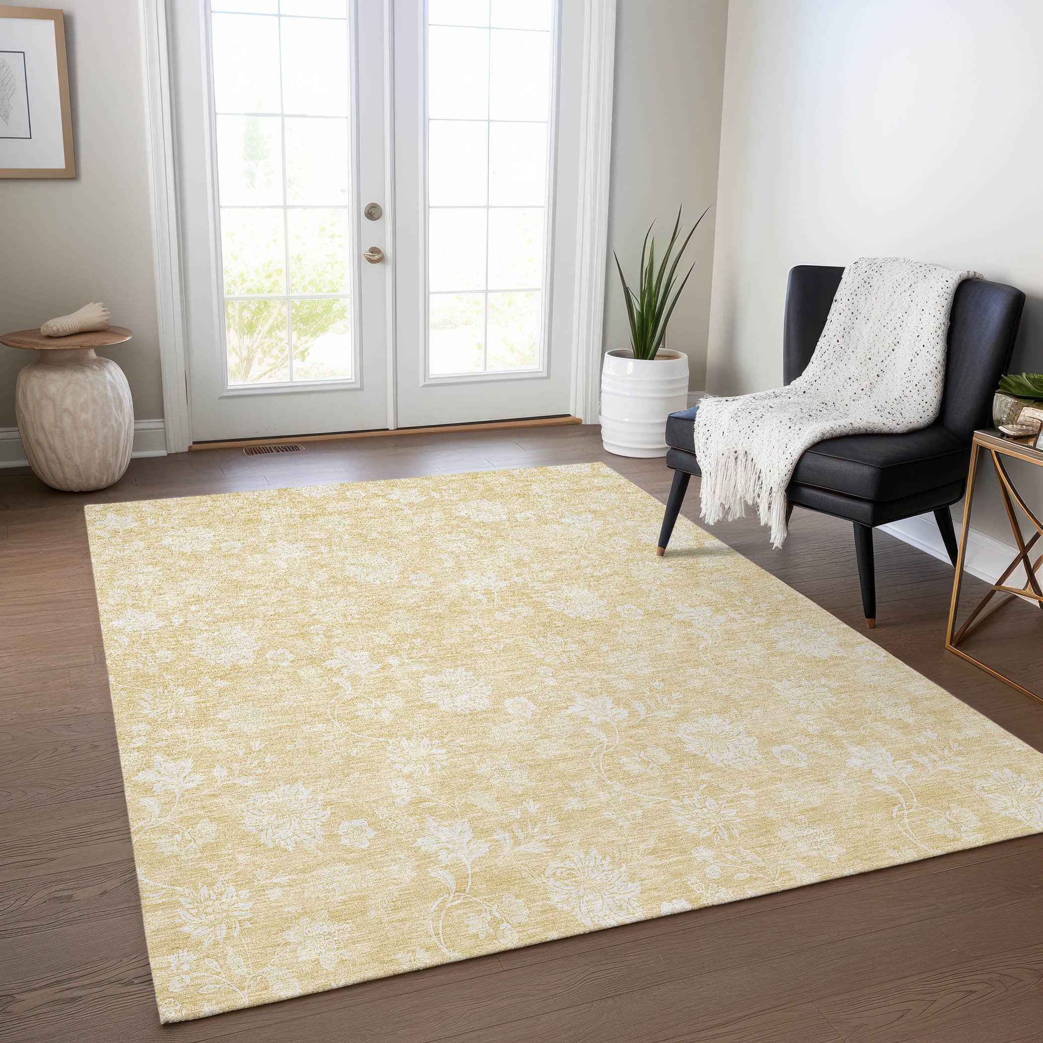 8' X 10' Yellow Wheat And Ivory Floral Washable Indoor Outdoor Area Rug