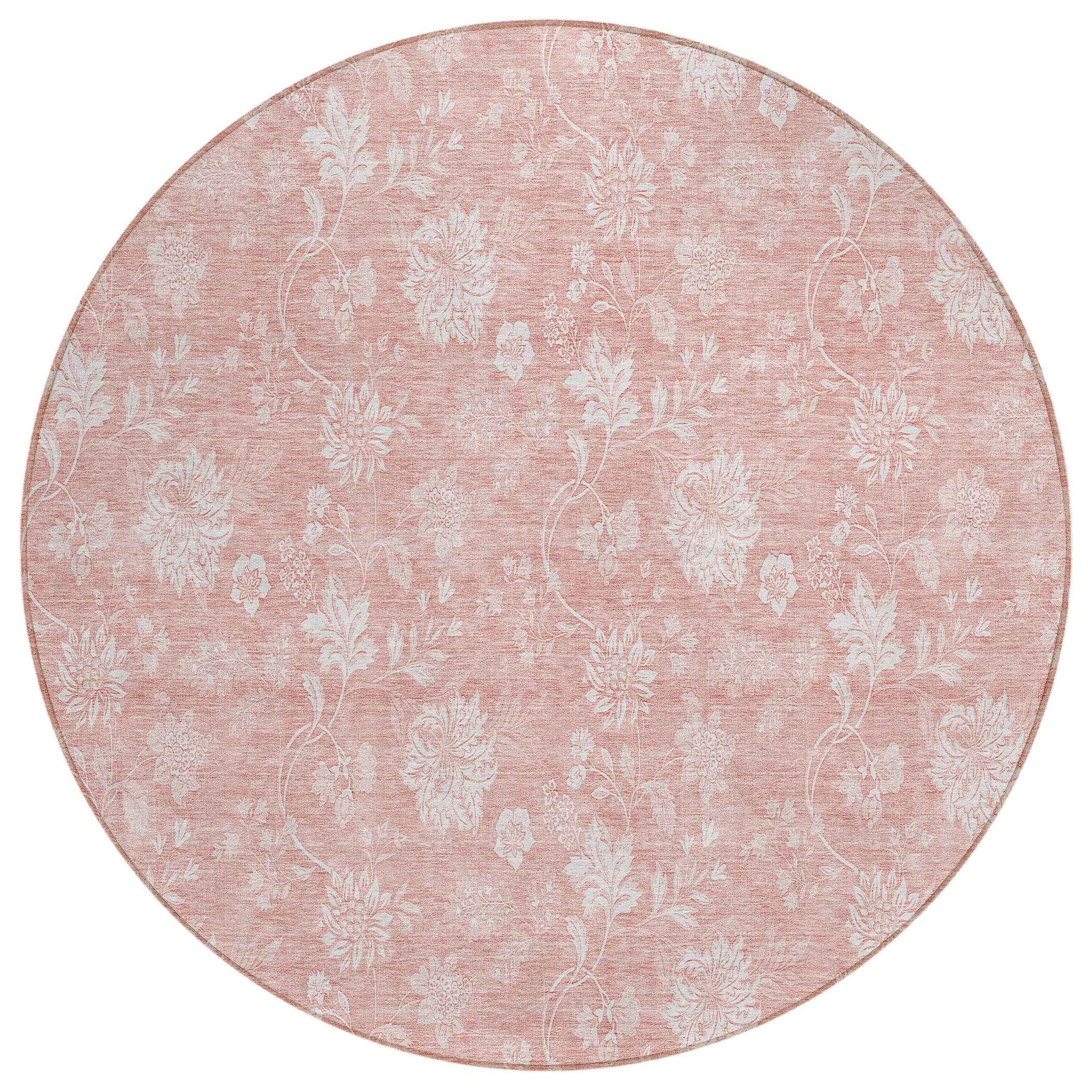 8' Pink Ivory And Blush Round Floral Washable Indoor Outdoor Area Rug