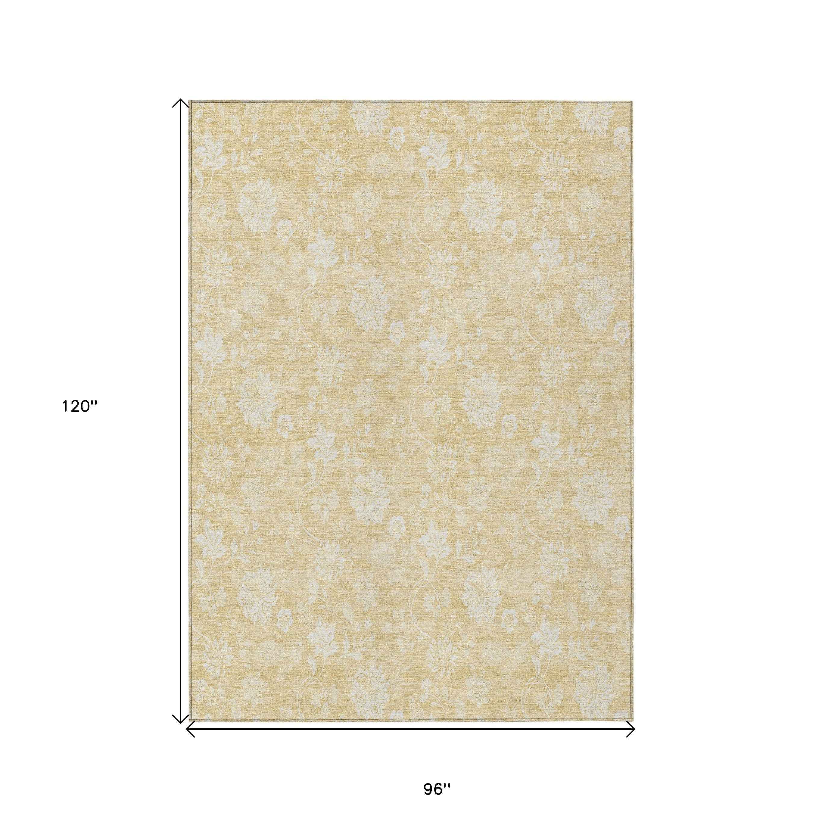 8' X 10' Yellow Wheat And Ivory Floral Washable Indoor Outdoor Area Rug