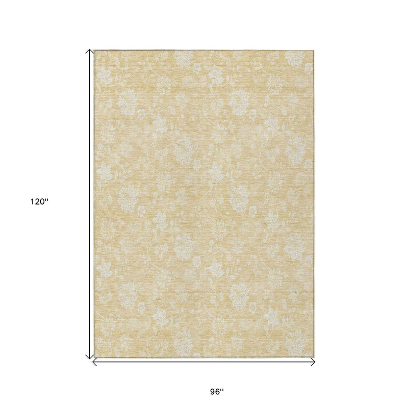 8' X 10' Yellow Wheat And Ivory Floral Washable Indoor Outdoor Area Rug