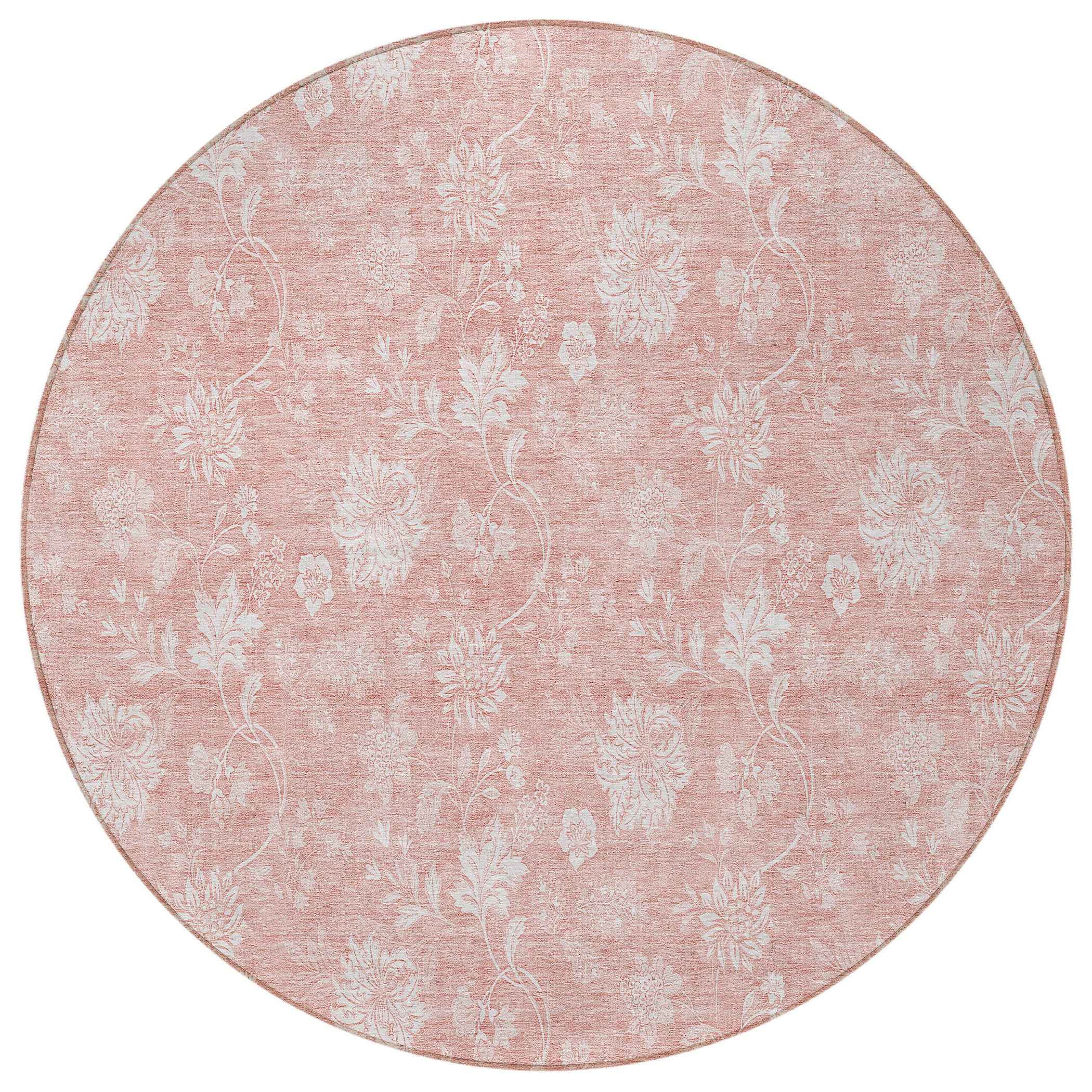 8' Pink Ivory And Blush Round Floral Washable Indoor Outdoor Area Rug