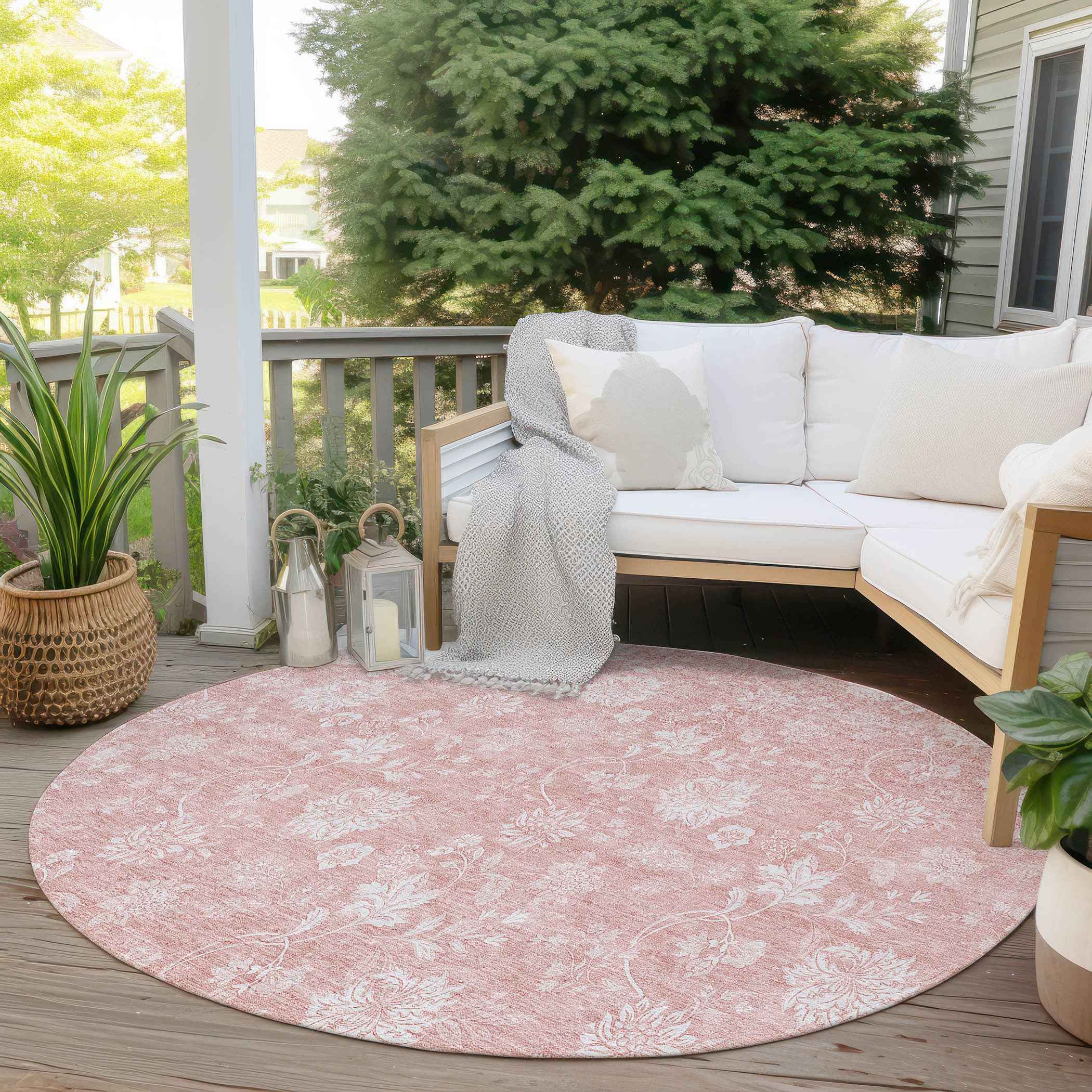 8' Pink Ivory And Blush Round Floral Washable Indoor Outdoor Area Rug