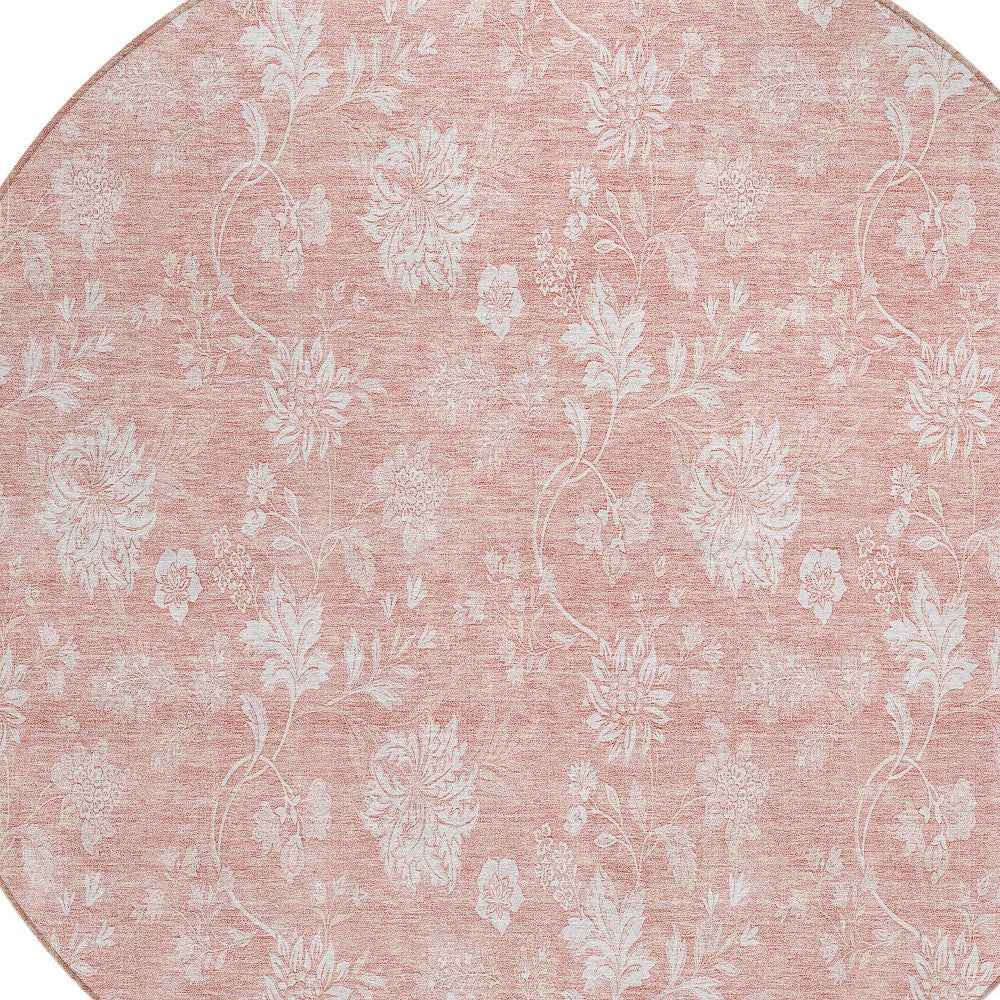 8' Pink Ivory And Blush Round Floral Washable Indoor Outdoor Area Rug