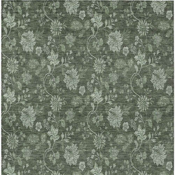 5' X 8' Olive Green And Artichoke Green Floral Washable Indoor Outdoor Area Rug