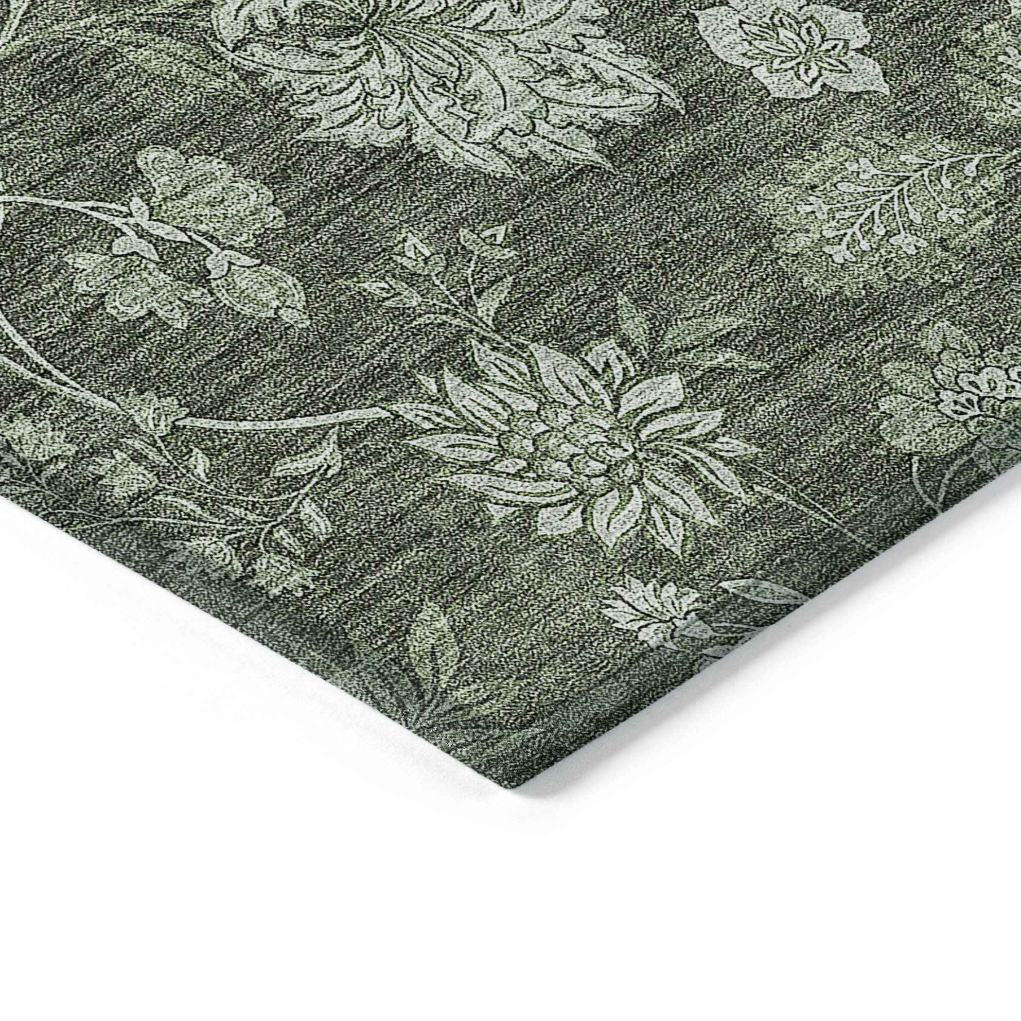 5' X 8' Olive Green And Artichoke Green Floral Washable Indoor Outdoor Area Rug