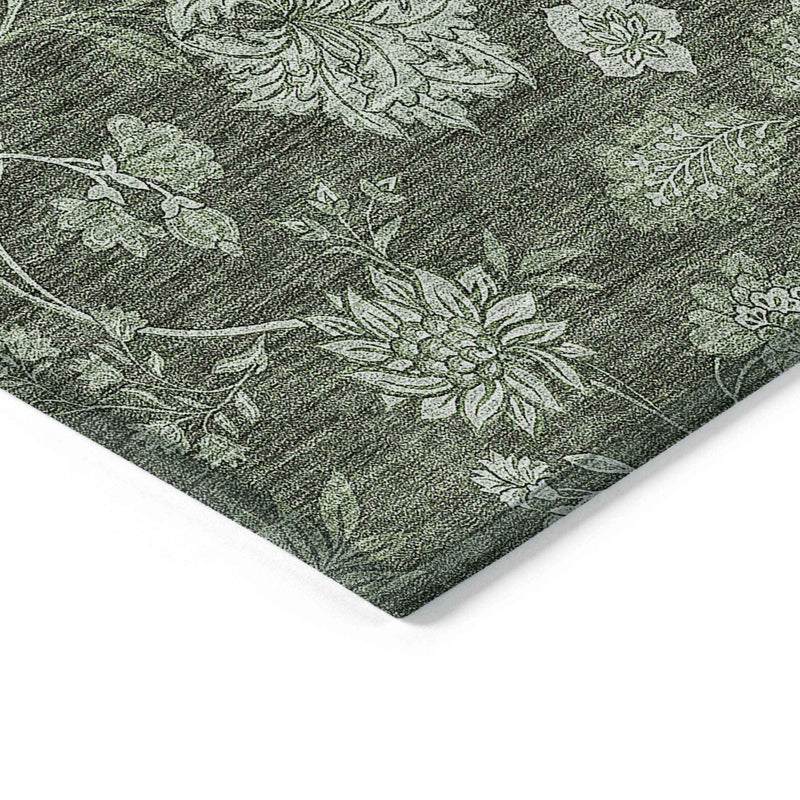5' X 8' Olive Green And Artichoke Green Floral Washable Indoor Outdoor Area Rug