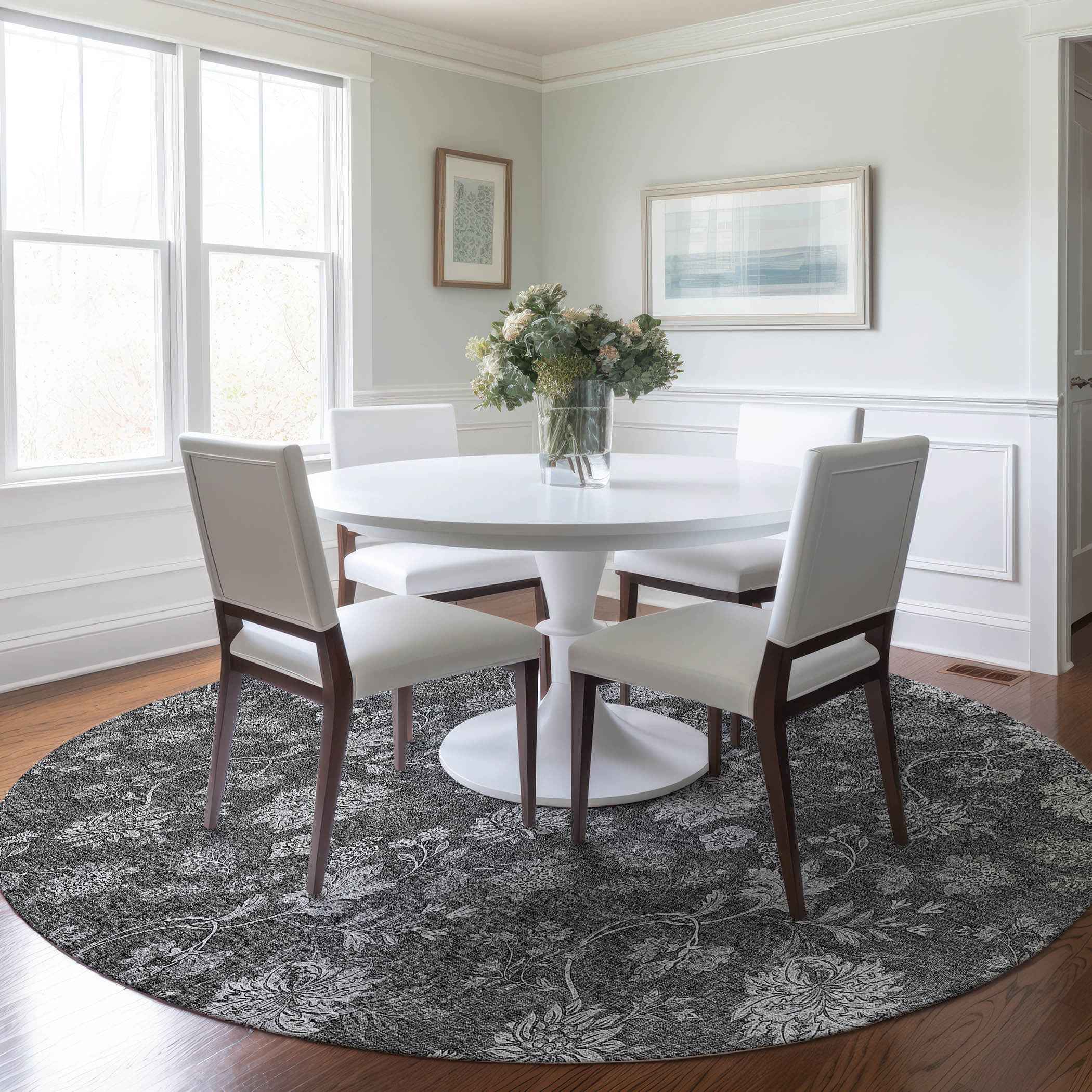 8' Gray Charcoal And Silver Round Floral Washable Indoor Outdoor Area Rug