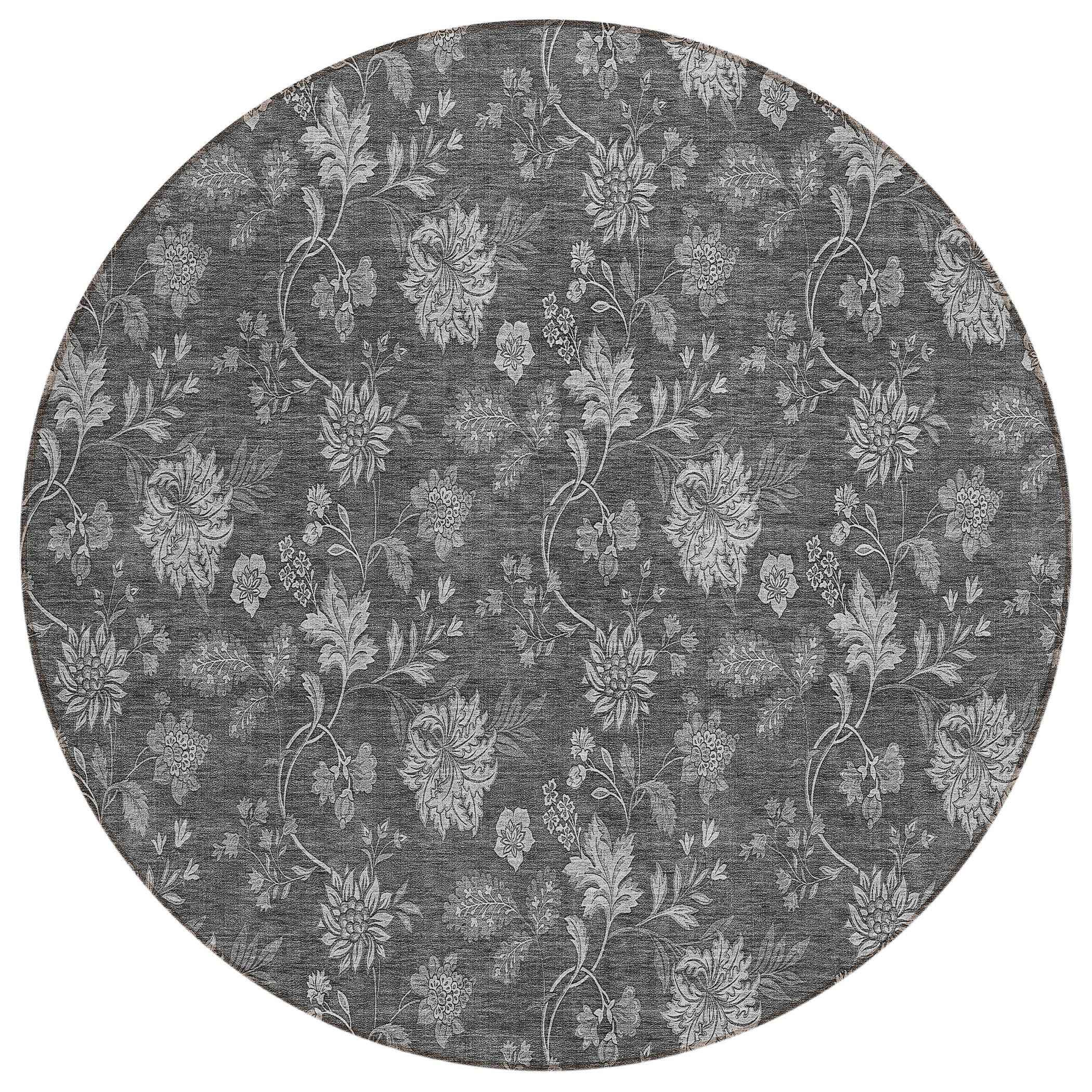 8' Gray Charcoal And Silver Round Floral Washable Indoor Outdoor Area Rug